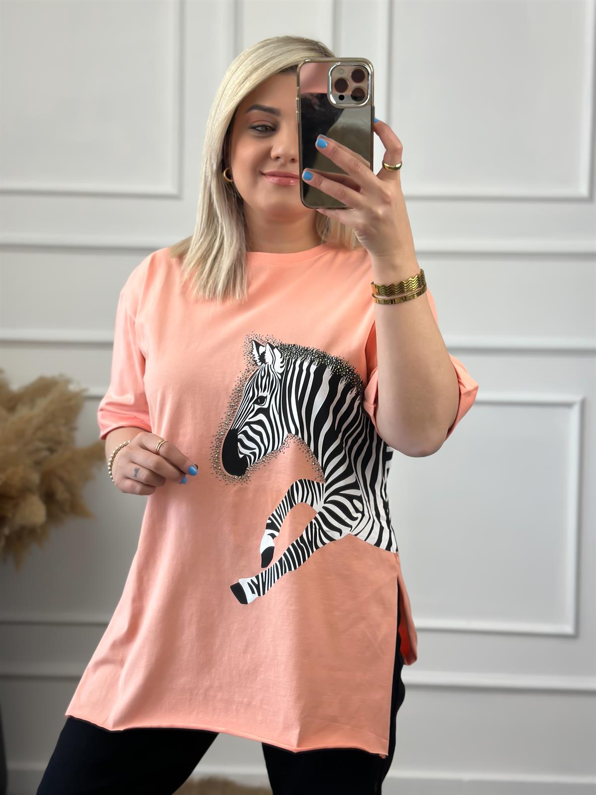 Zebra Desen Bisiklet Yaka Oversize Tshirt SOMON