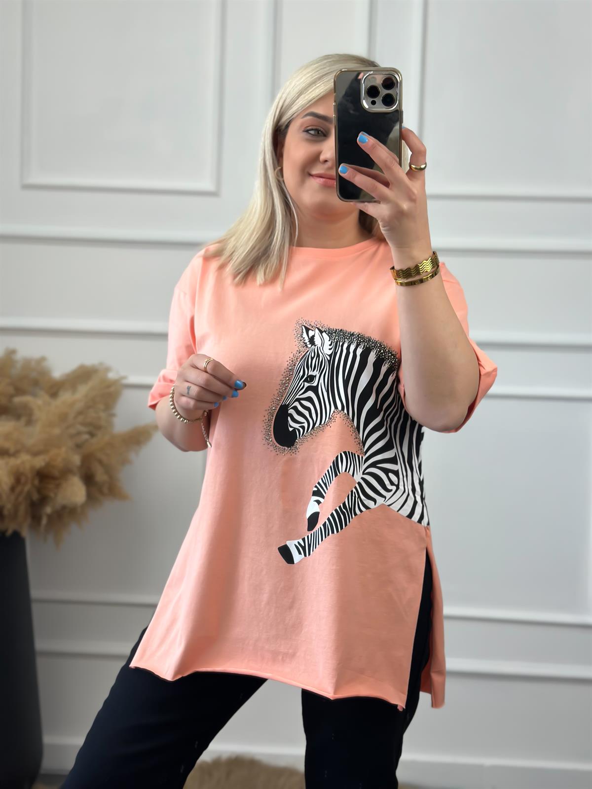 Zebra Desen Bisiklet Yaka Oversize Tshirt SOMON