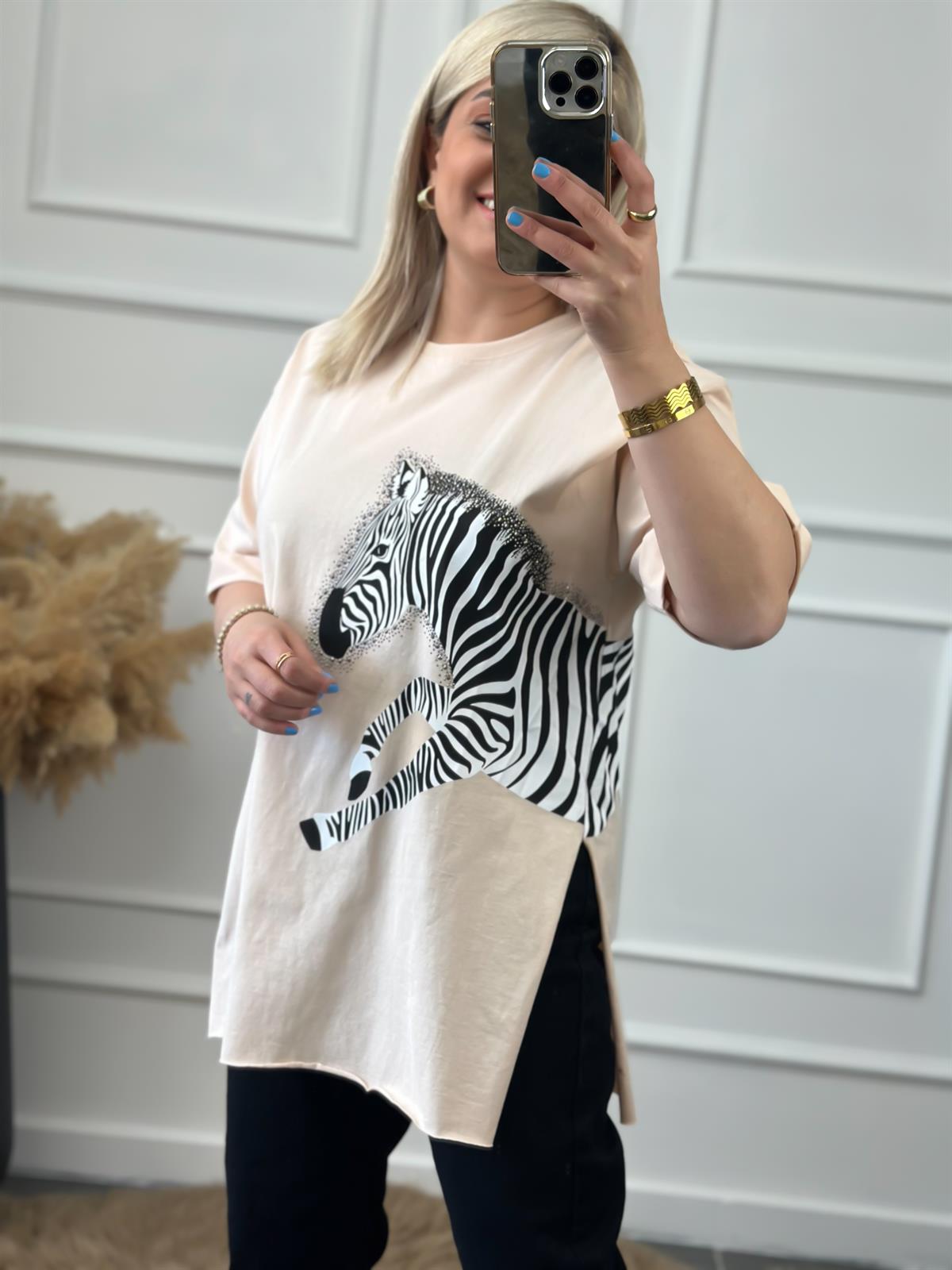 Zebra Desen Bisiklet Yaka Oversize Tshirt BEJ