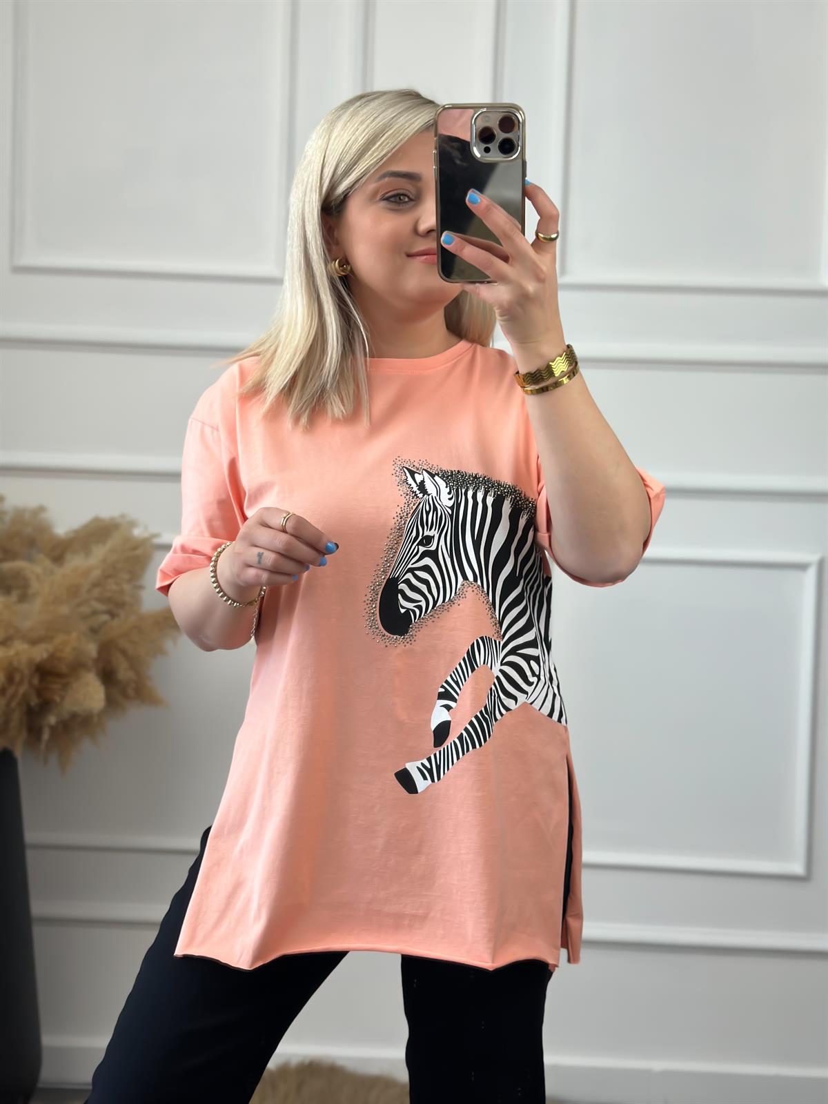 Zebra Desen Bisiklet Yaka Oversize Tshirt SOMON