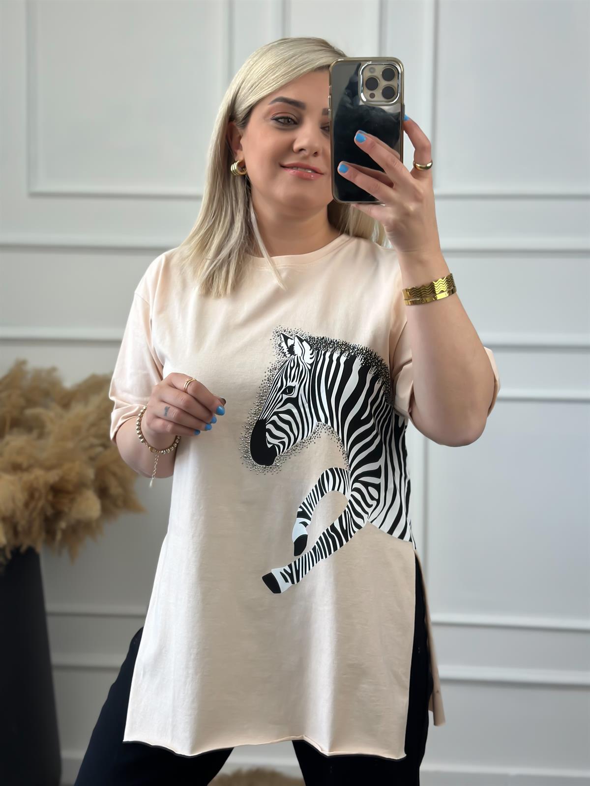 Zebra Desen Bisiklet Yaka Oversize Tshirt BEJ