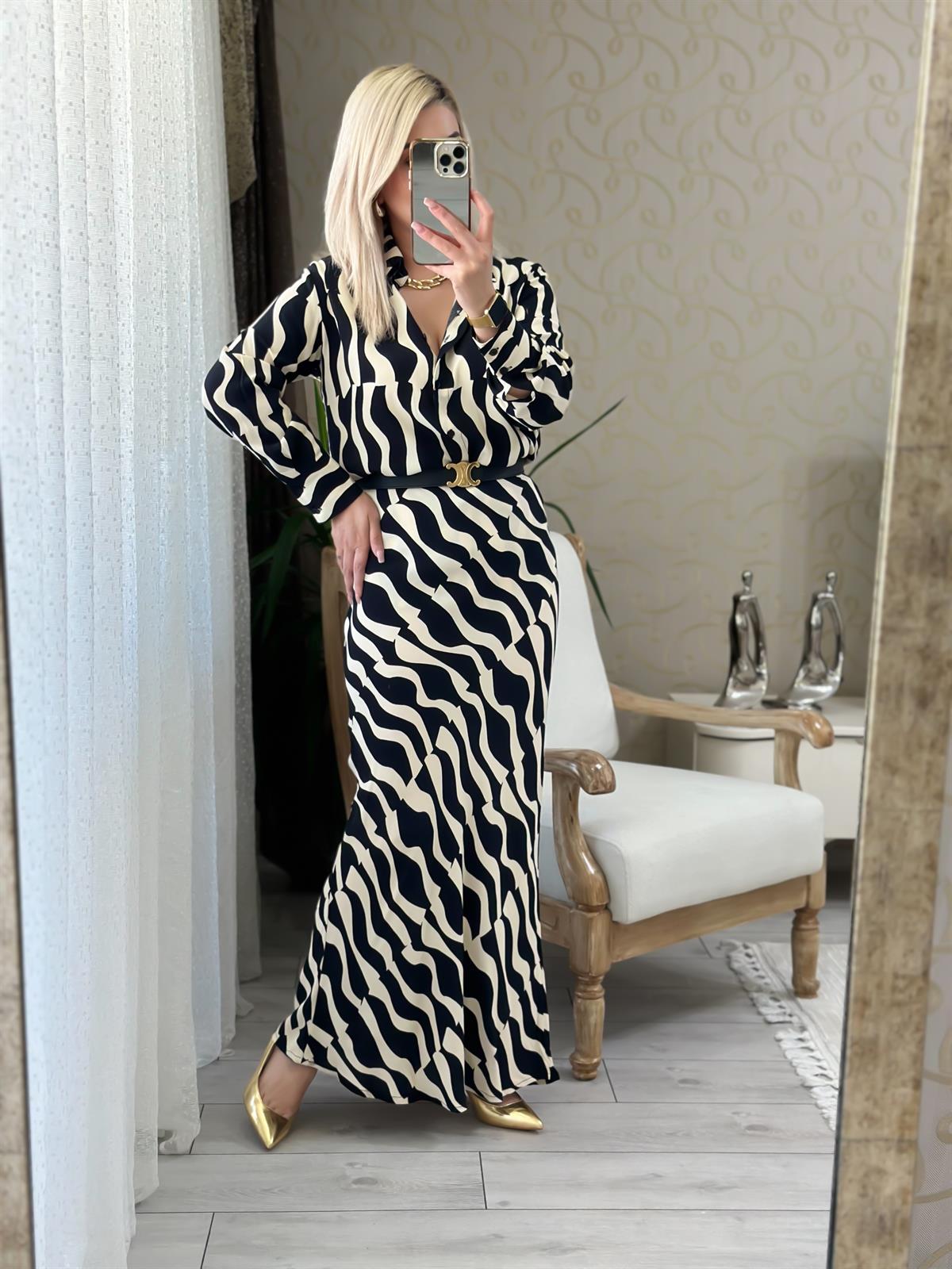 Zebra Desen Gömlek Etek Takım SİYAH EKRU
