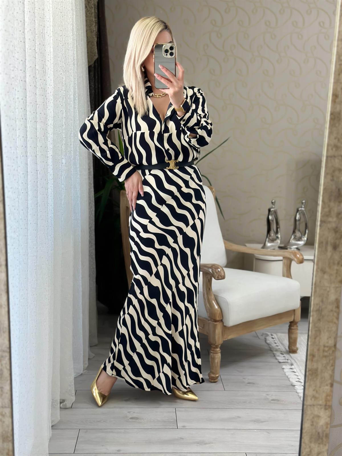 Zebra Desen Gömlek Etek Takım SİYAH EKRU