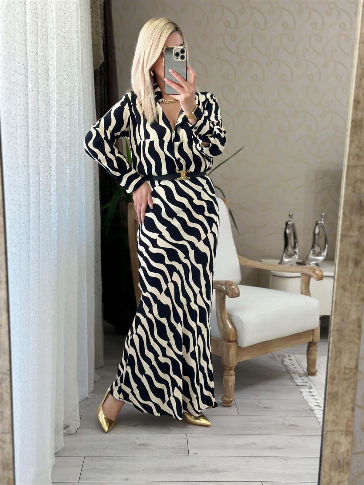 Zebra Desen Gömlek Etek Takım SİYAH EKRU