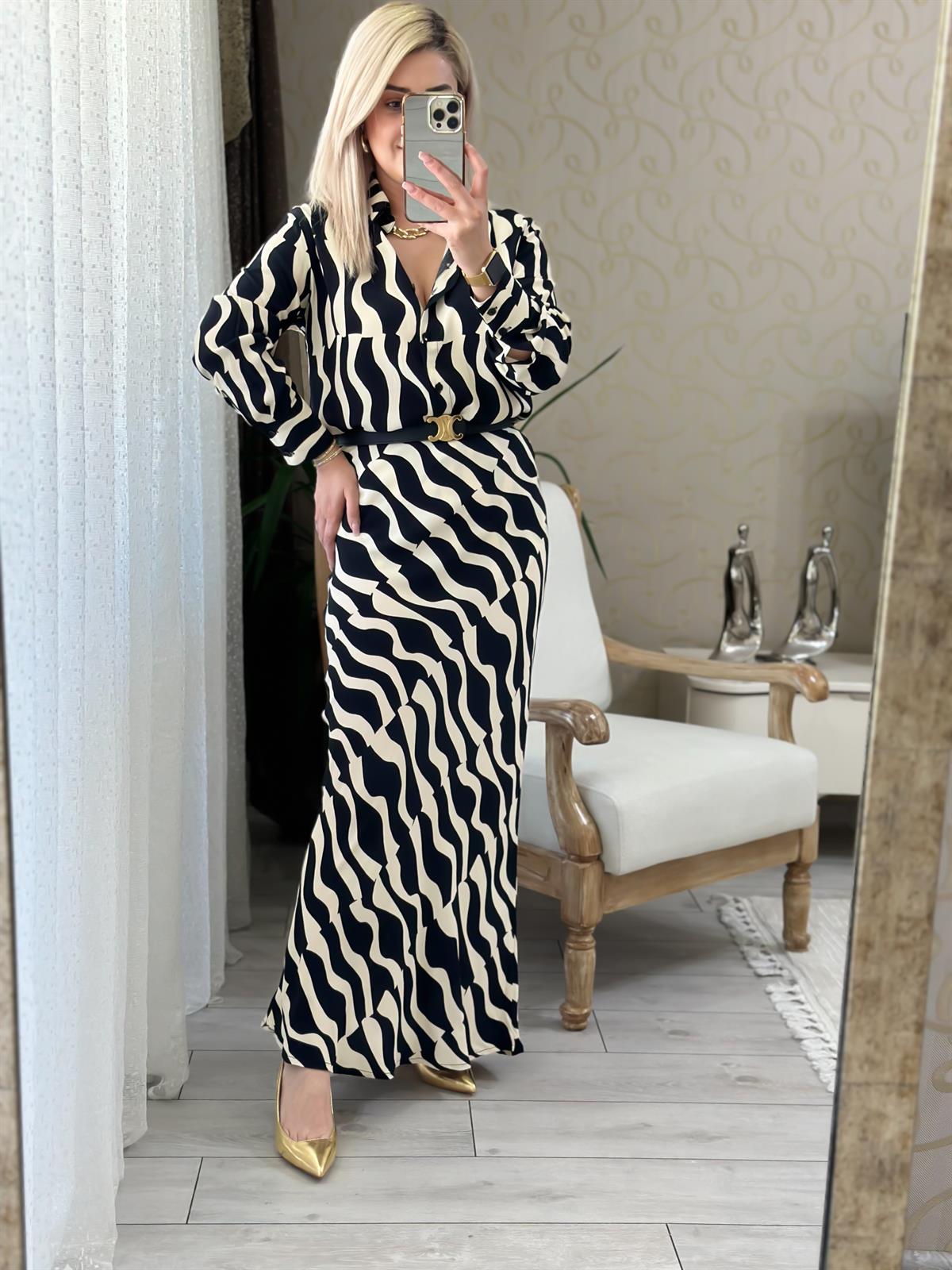 Zebra Desen Gömlek Etek Takım SİYAH EKRU
