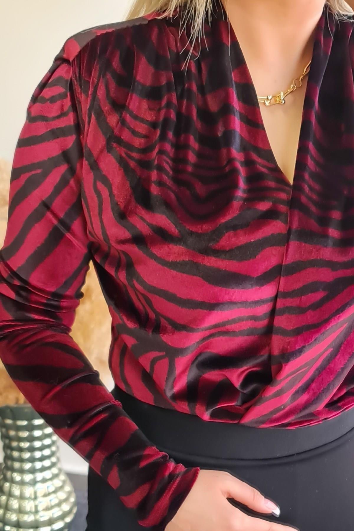 Zebra Desen Vatkalı Zıbınlı Bluz BORDO