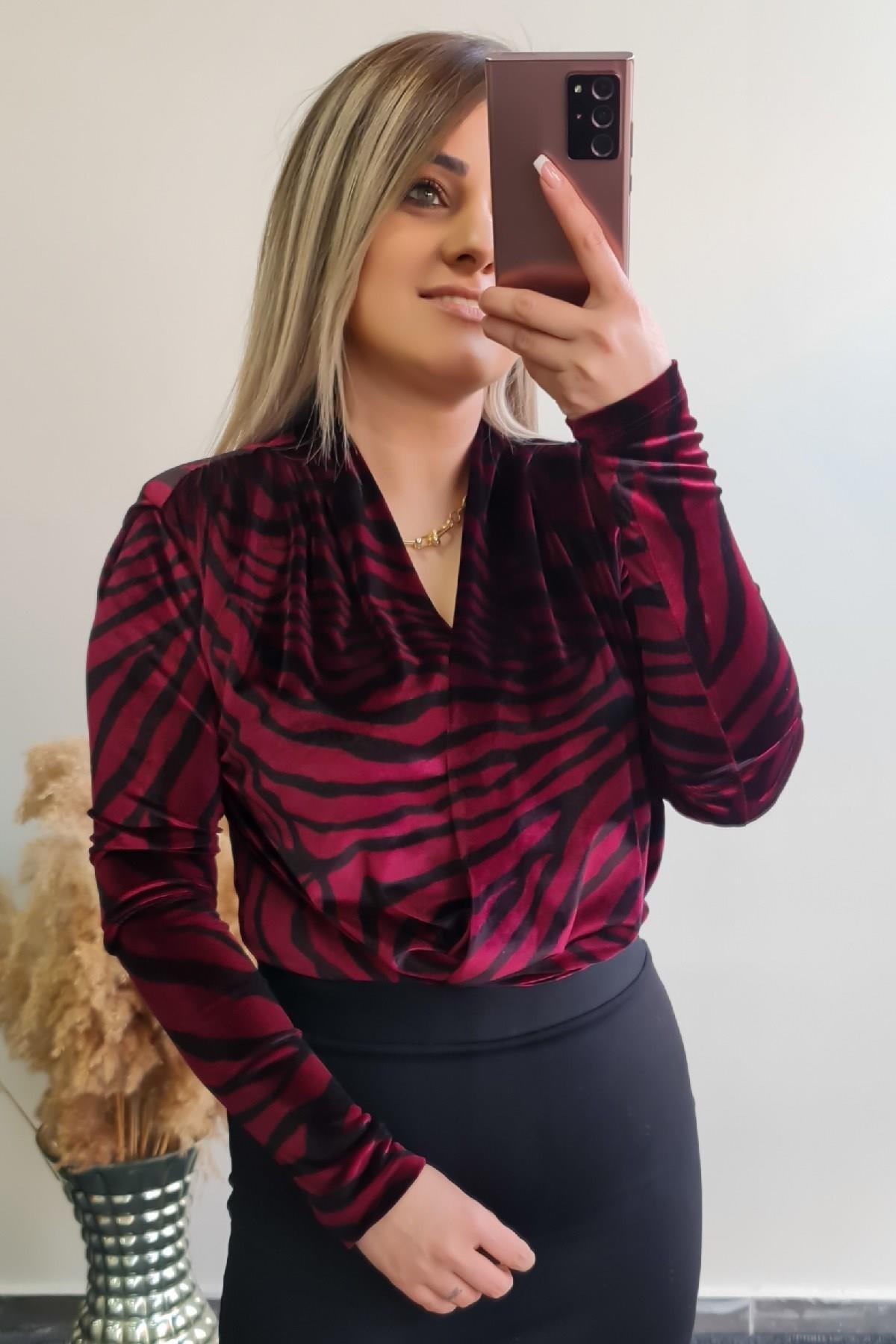 Zebra Desen Vatkalı Zıbınlı Bluz BORDO