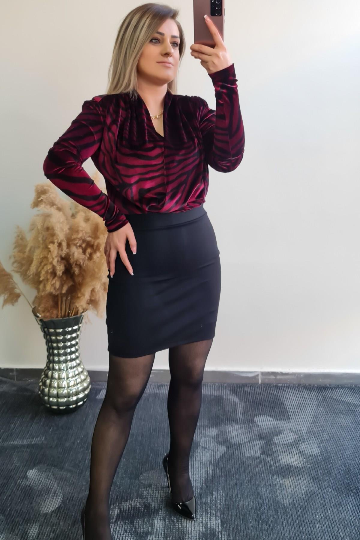 Zebra Desen Vatkalı Zıbınlı Bluz BORDO