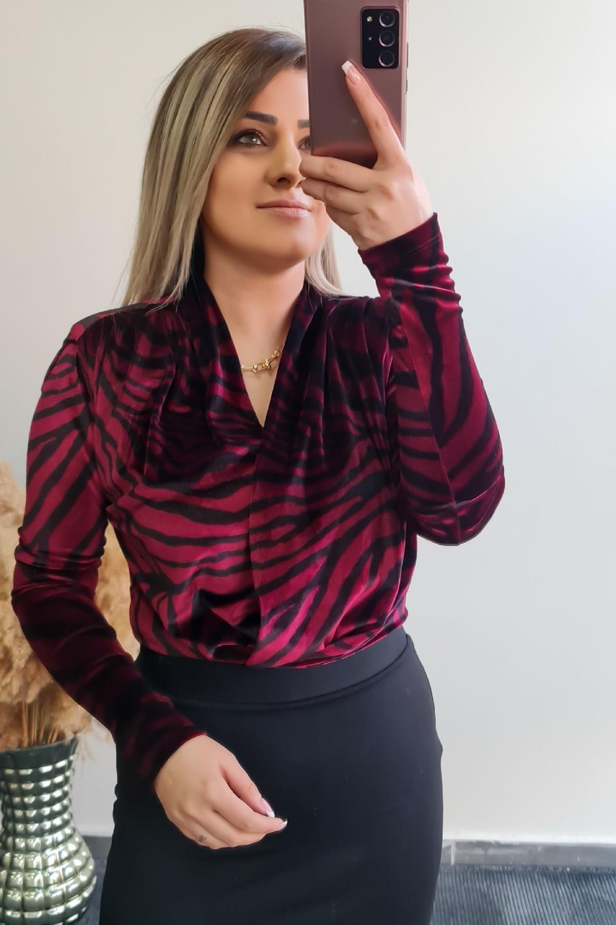 Zebra Desen Vatkalı Zıbınlı Bluz BORDO