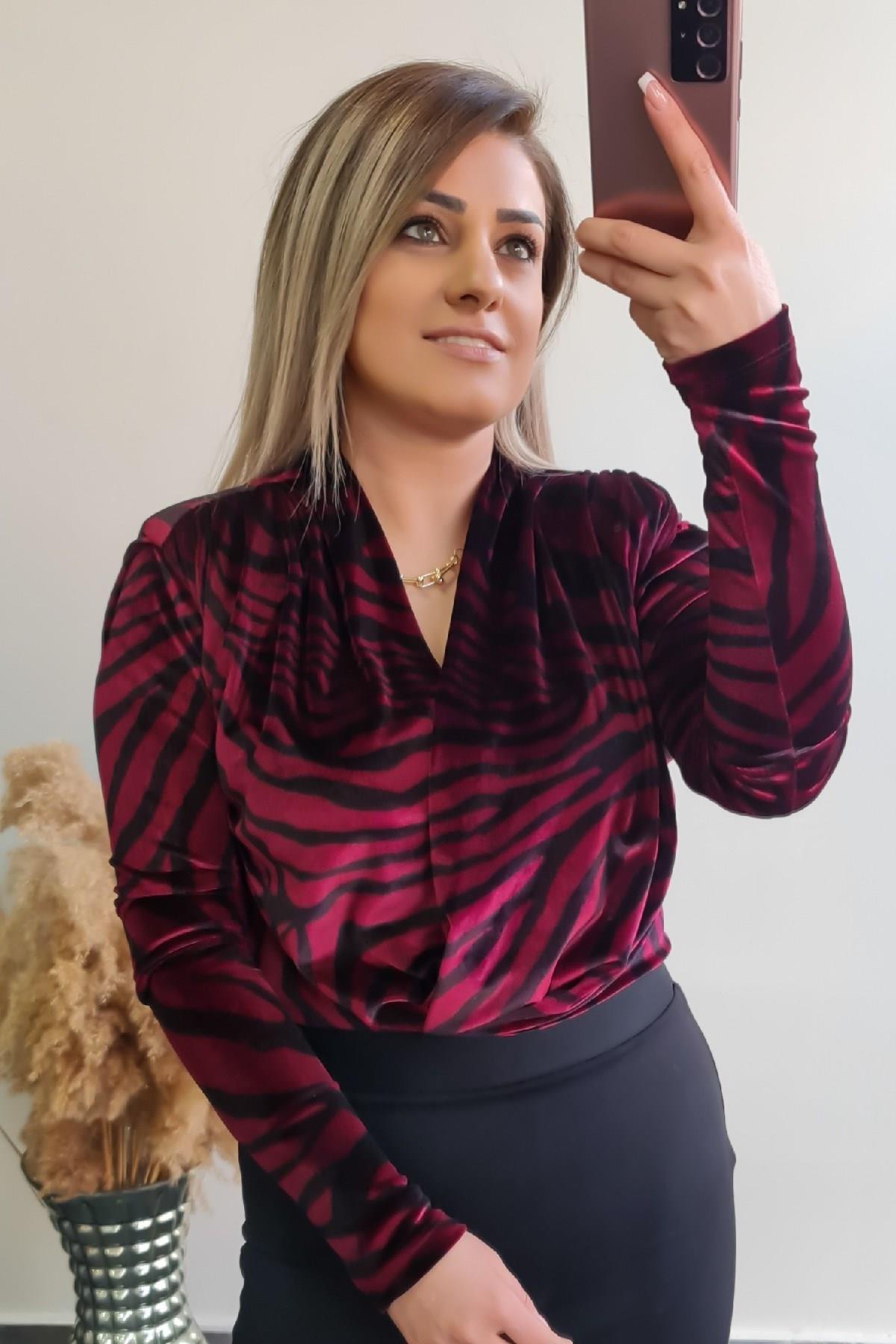 Zebra Desen Vatkalı Zıbınlı Bluz BORDO