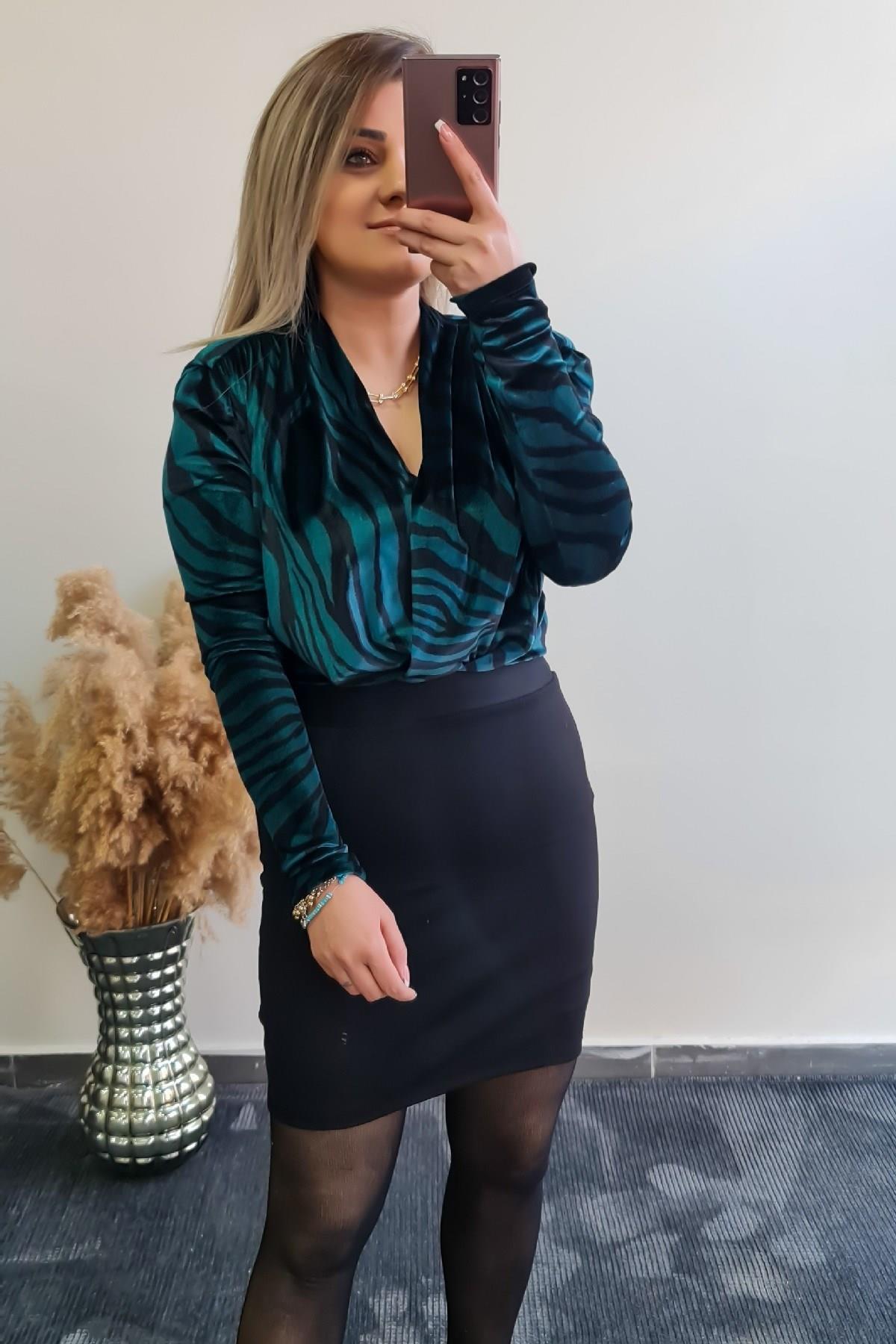 Zebra Desen Vatkalı Zıbınlı Bluz ZÜMRÜT YEŞİLİ