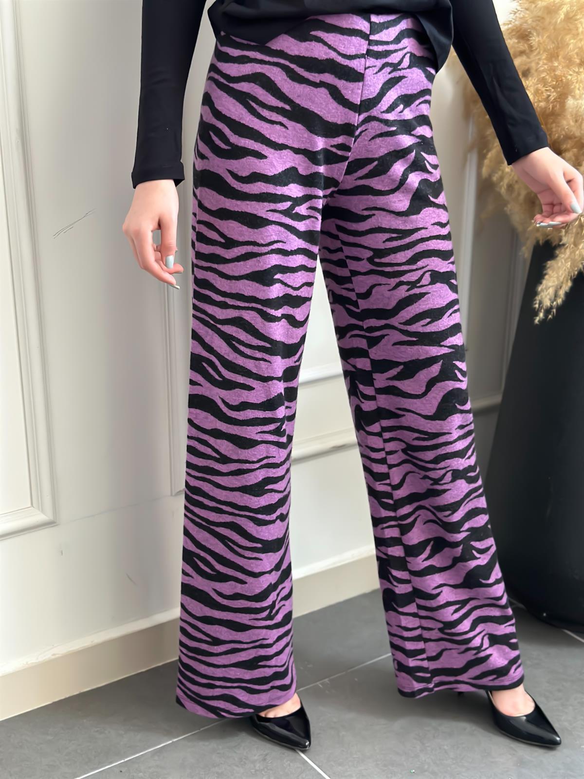 Zebra Desen Yumoş Triko Pantolon SİYAH