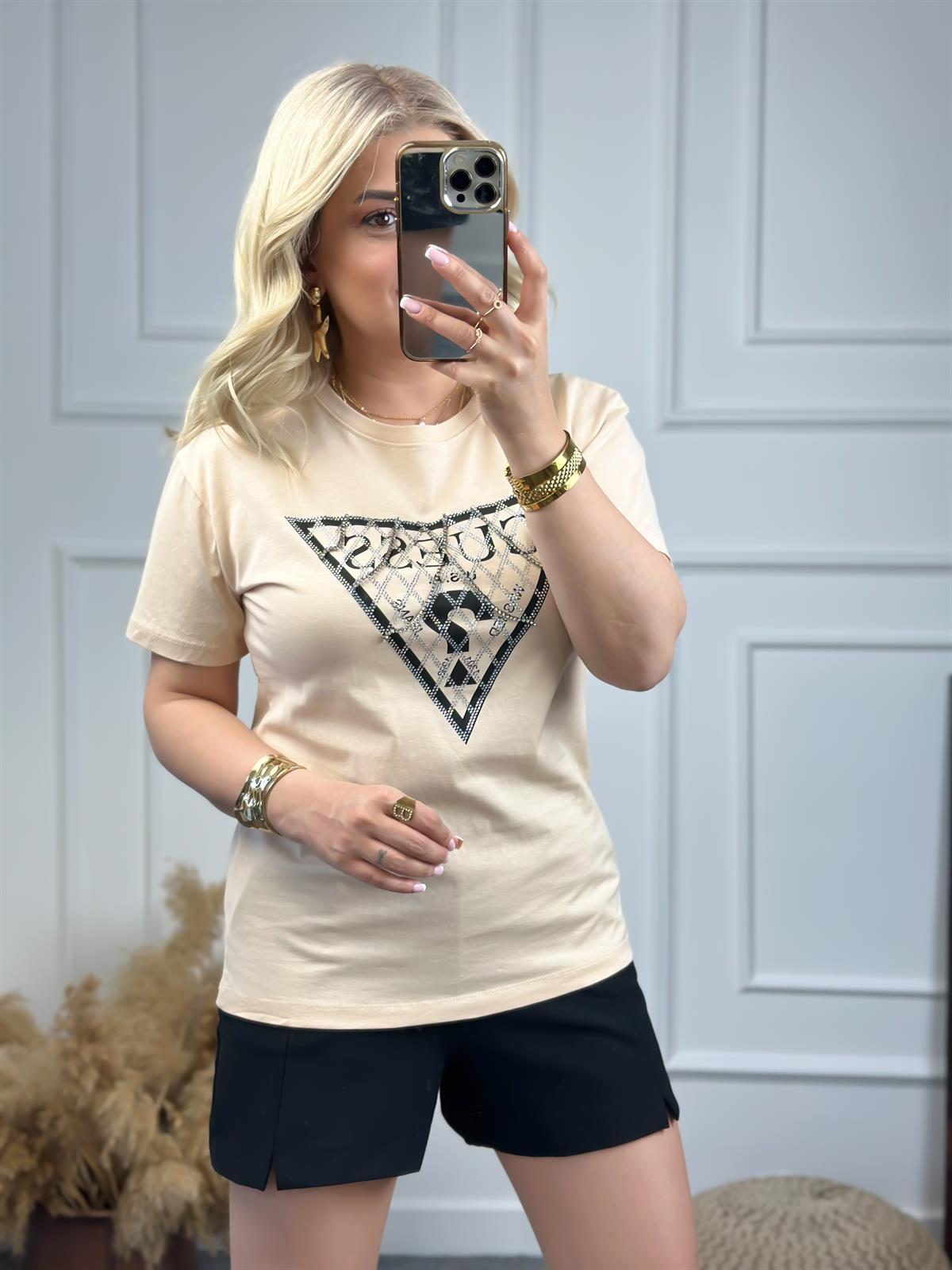 Zincirli Yazı Baskılı Tshirt BEJ