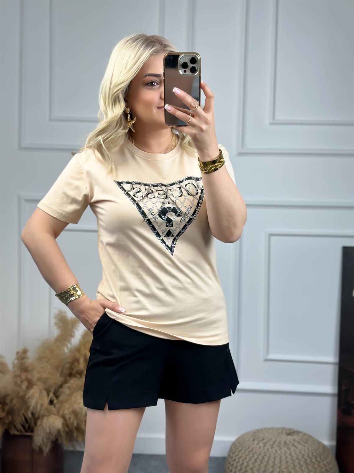 Zincirli Yazı Baskılı Tshirt BEJ
