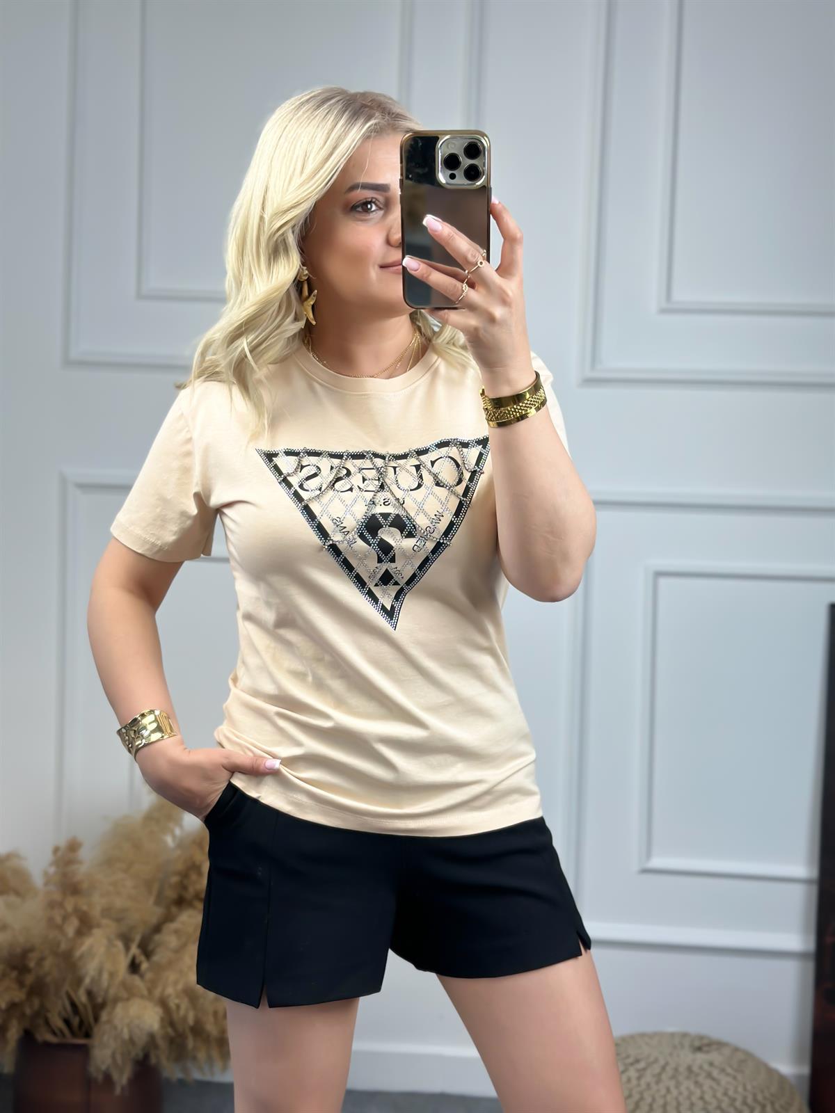 Zincirli Yazı Baskılı Tshirt BEJ