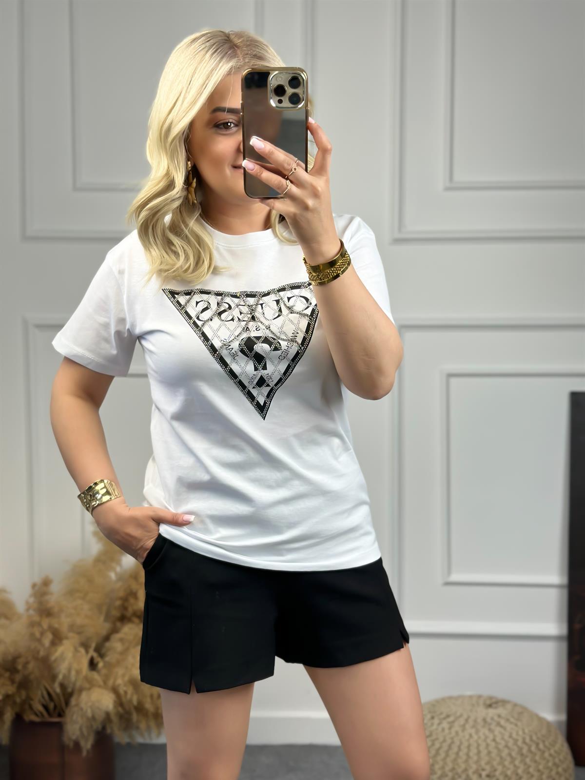 Zincirli Yazı Baskılı Tshirt BEYAZ