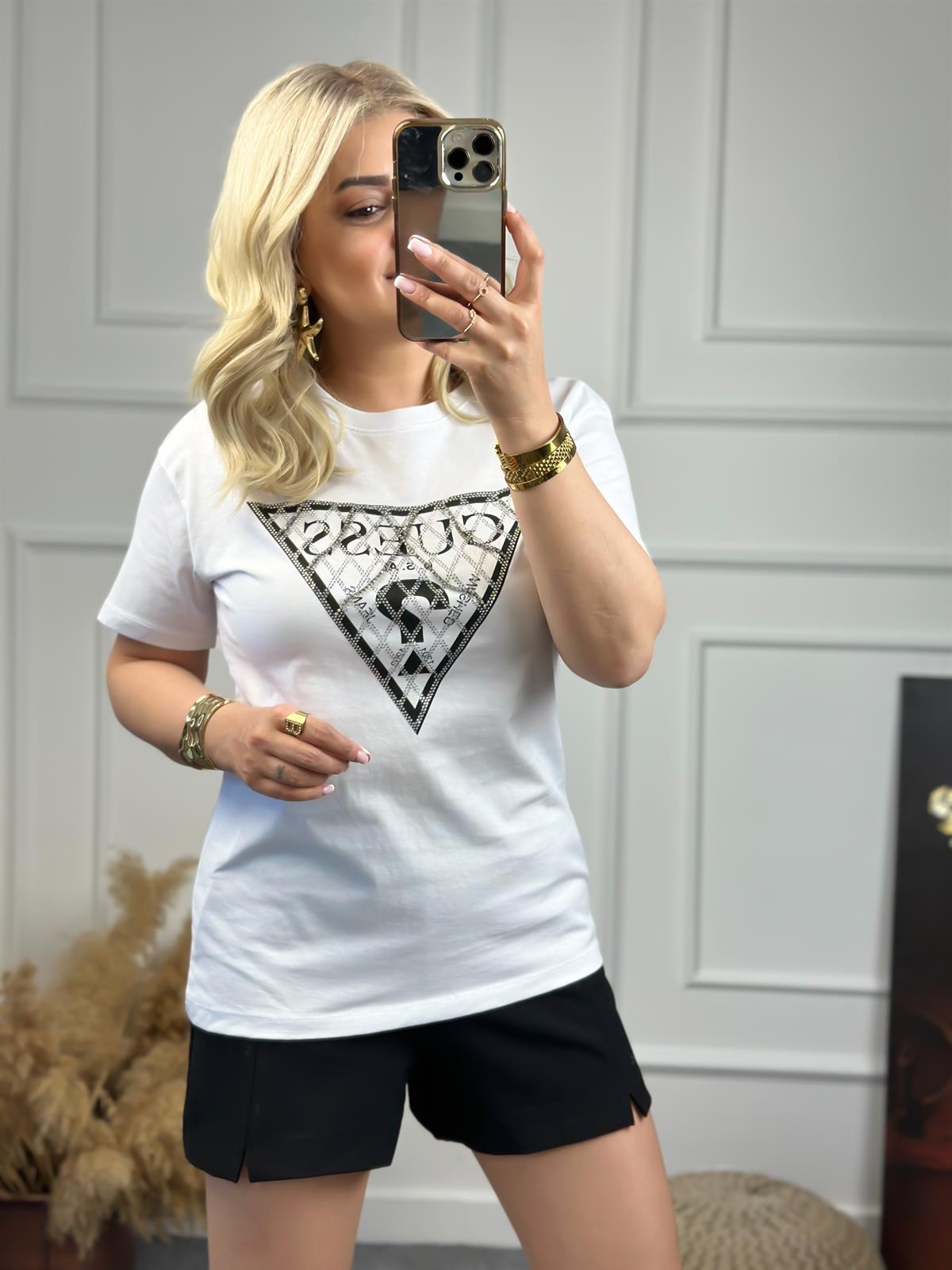 Zincirli Yazı Baskılı Tshirt BEYAZ