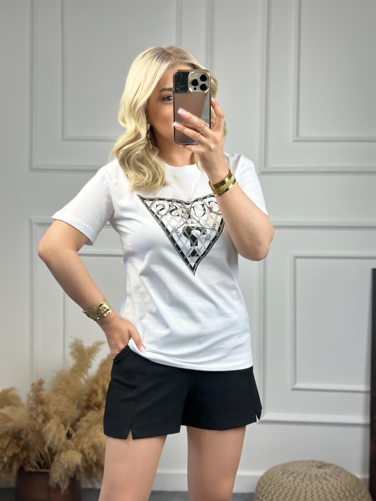 Zincirli Yazı Baskılı Tshirt BEYAZ