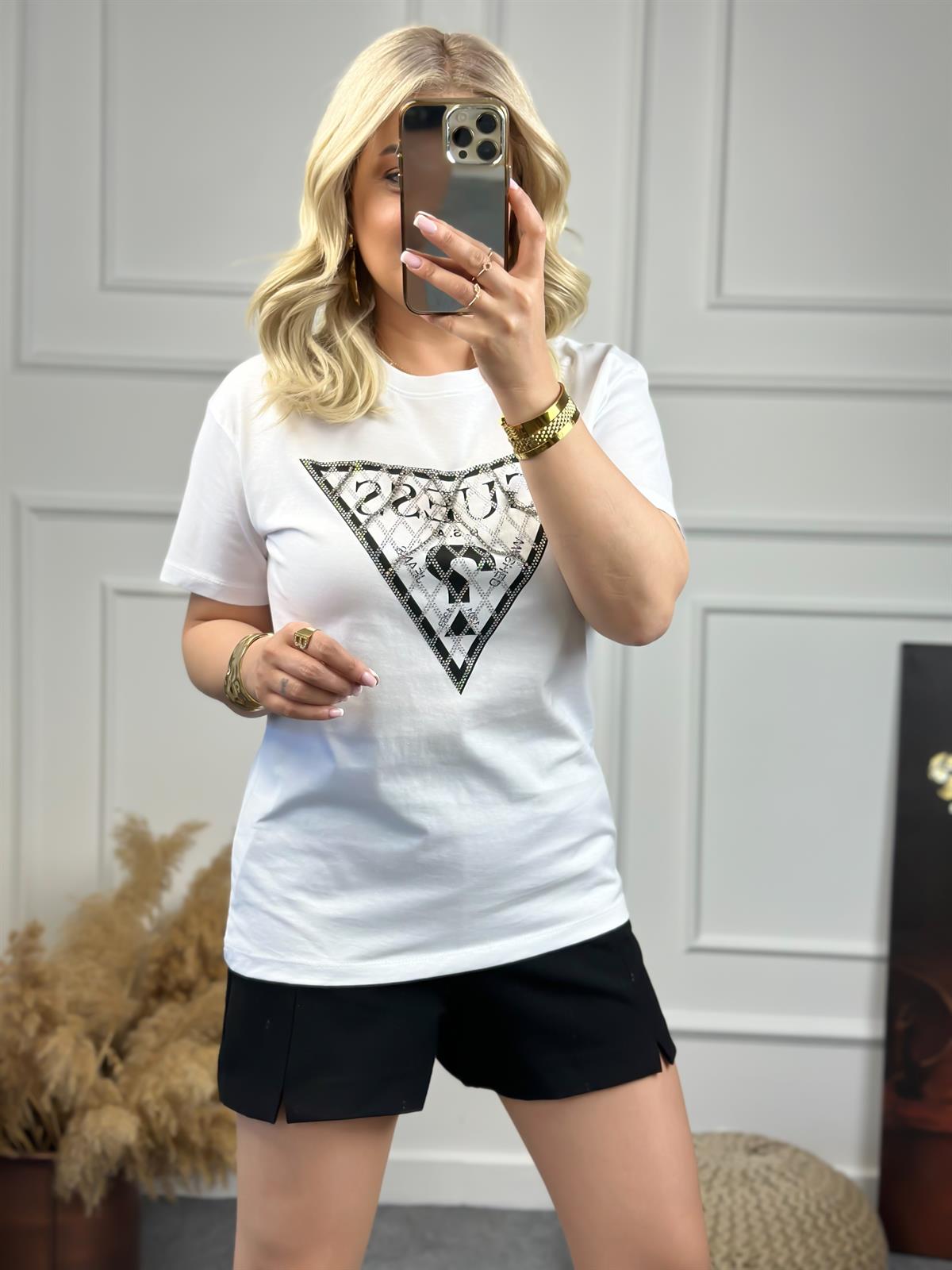 Zincirli Yazı Baskılı Tshirt BEYAZ