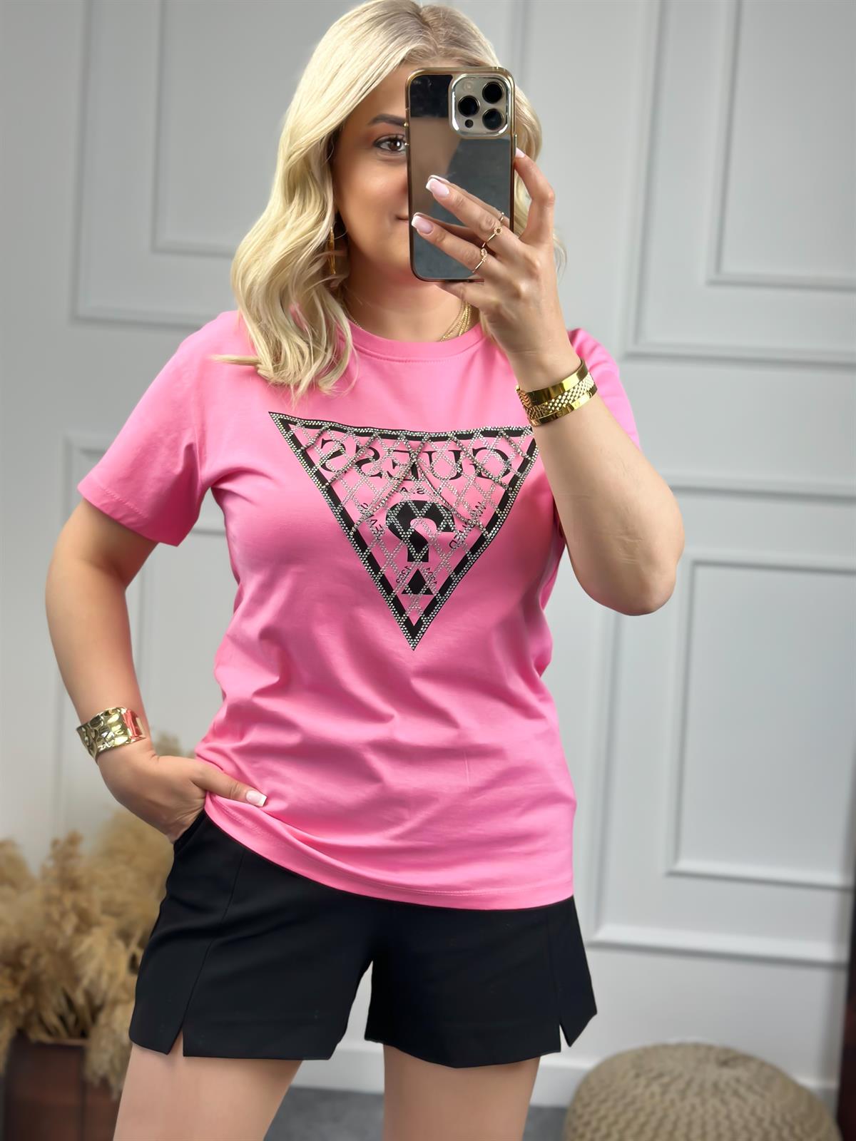 Zincirli Yazı Baskılı Tshirt PEMBE