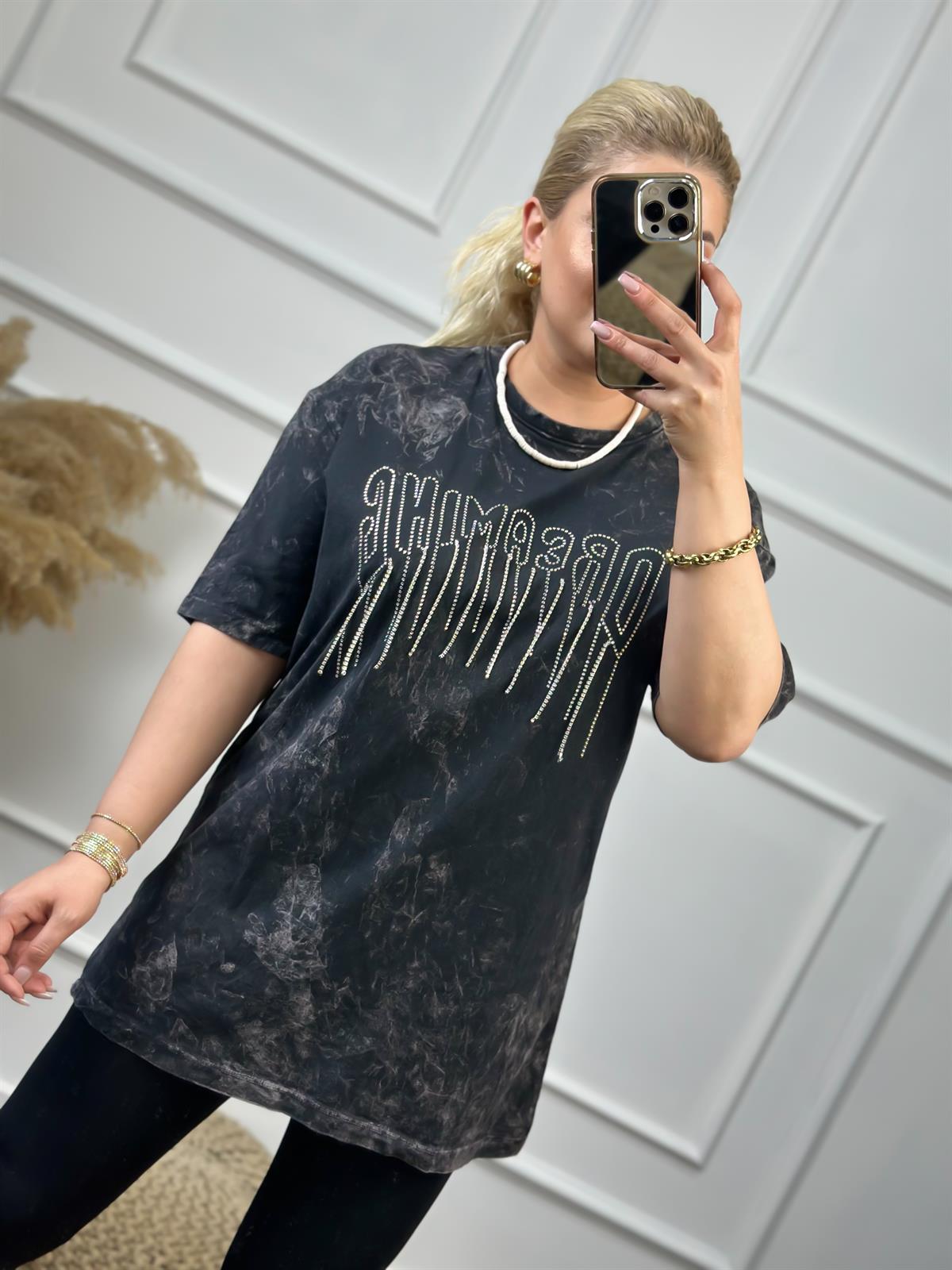Zincirli Yıkamalı Taşlı Tshirt FÜME