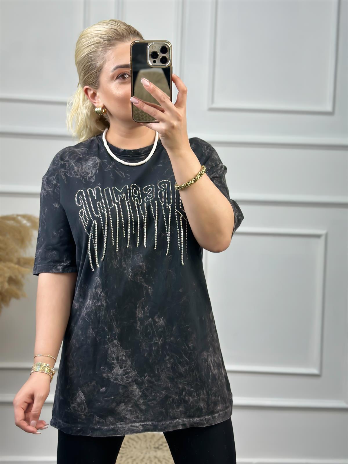 Zincirli Yıkamalı Taşlı Tshirt FÜME