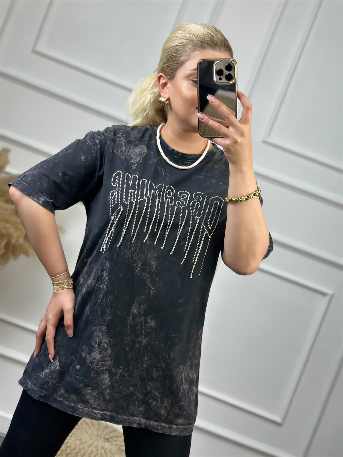 Zincirli Yıkamalı Taşlı Tshirt FÜME