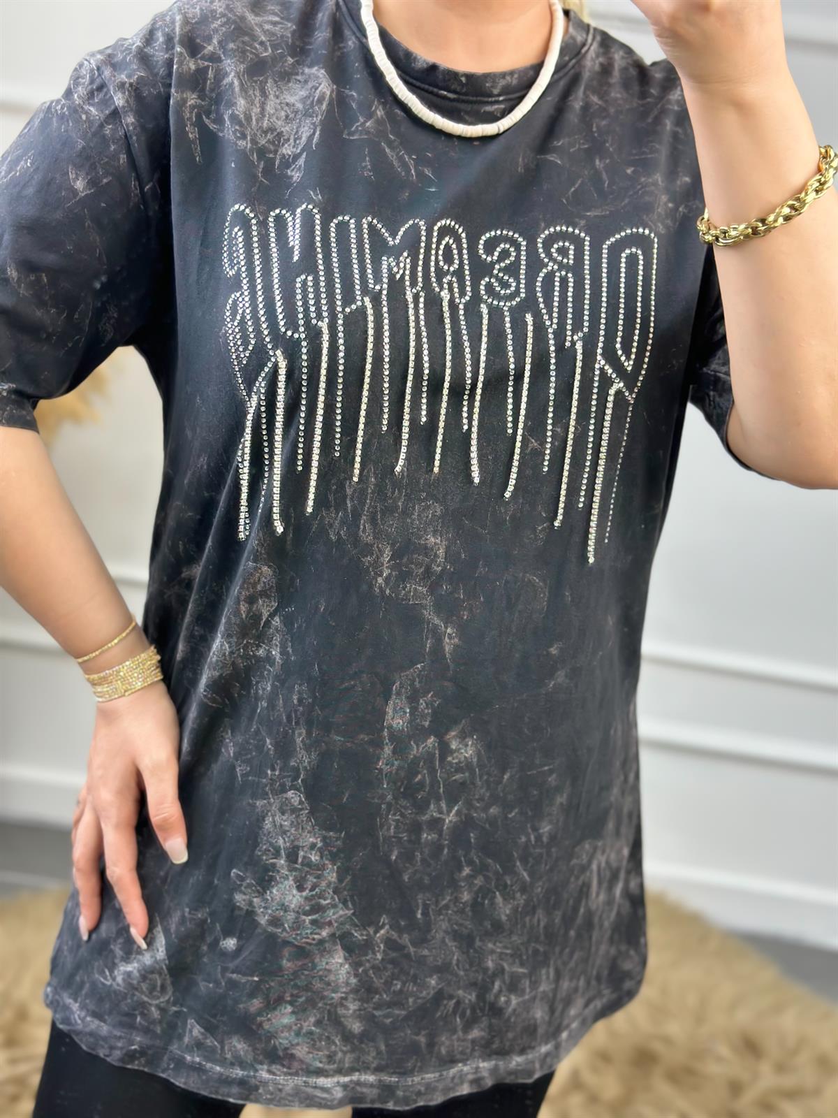 Zincirli Yıkamalı Taşlı Tshirt FÜME
