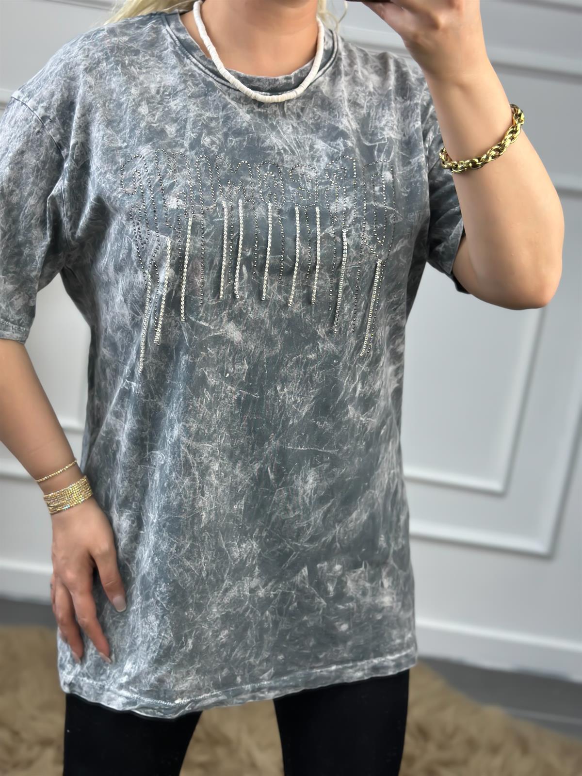 Zincirli Yıkamalı Taşlı Tshirt GRİ