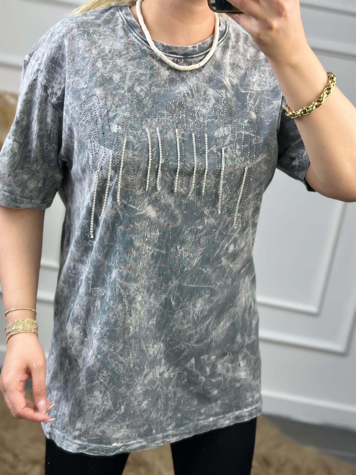 Zincirli Yıkamalı Taşlı Tshirt GRİ
