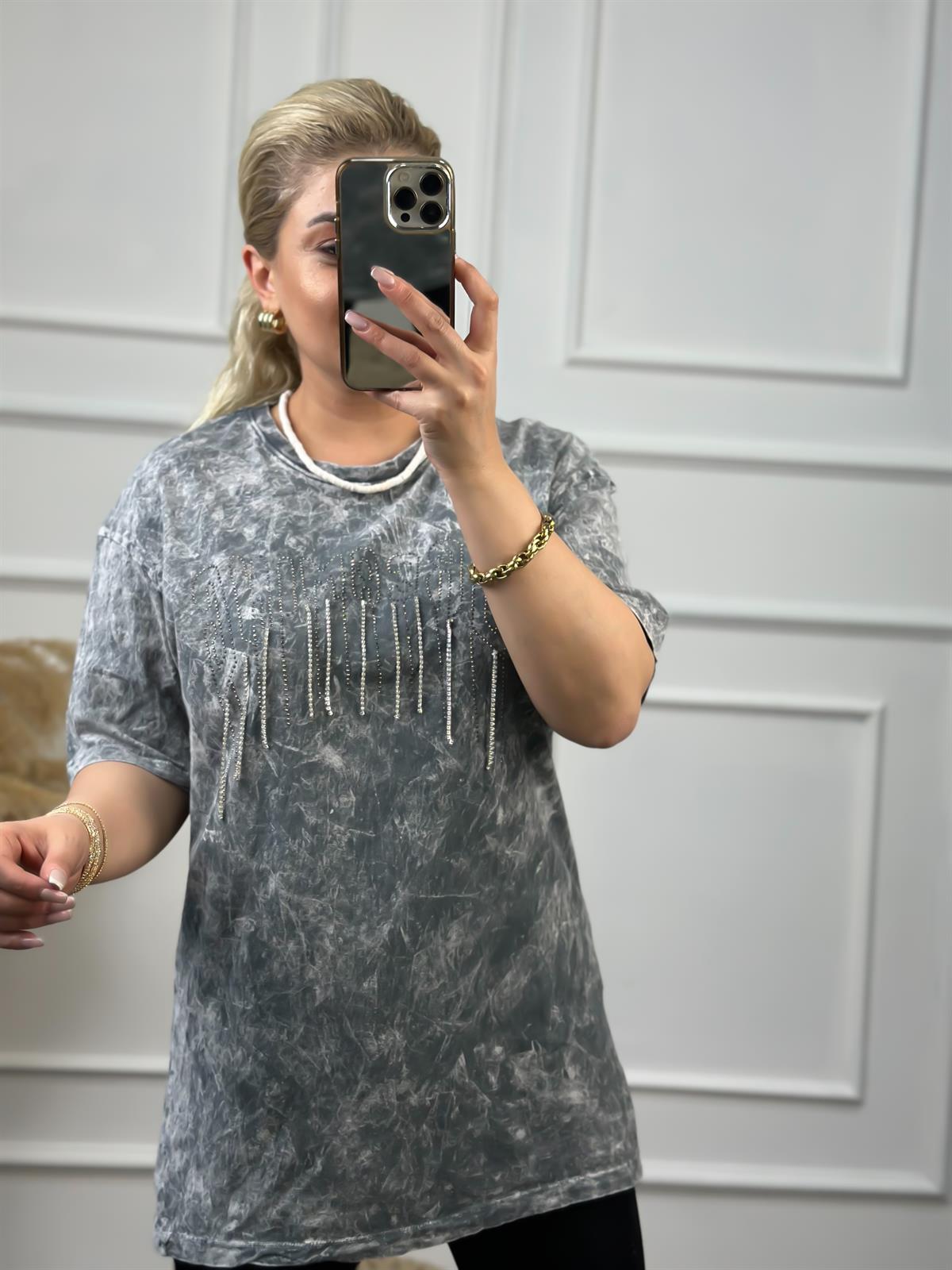 Zincirli Yıkamalı Taşlı Tshirt GRİ