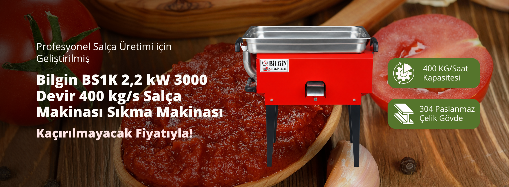 Bilgin BS1K 2,2 kW 3000 Devir 400 kg/s Salça Makinası Sıkma Makinası 220v