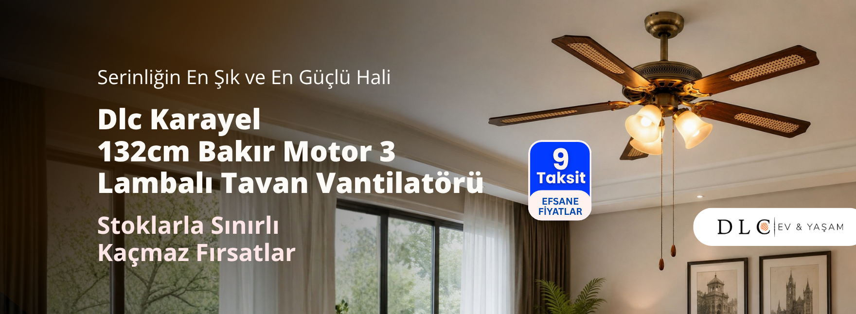 Dlc Karayel 132cm Bakır Motor 3 Lambalı Tavan Vantilatörü Ahşap