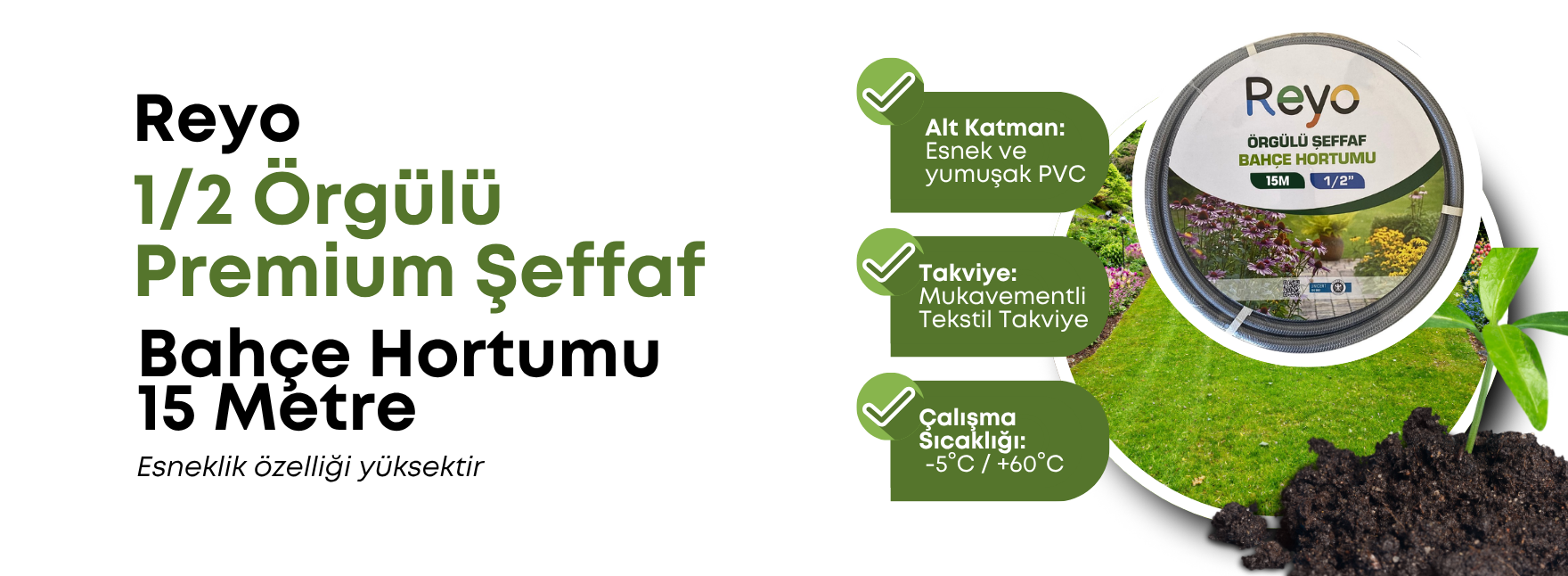Reyo 1/2 Örgülü Premium Şeffaf Bahçe Hortumu 15 Metre