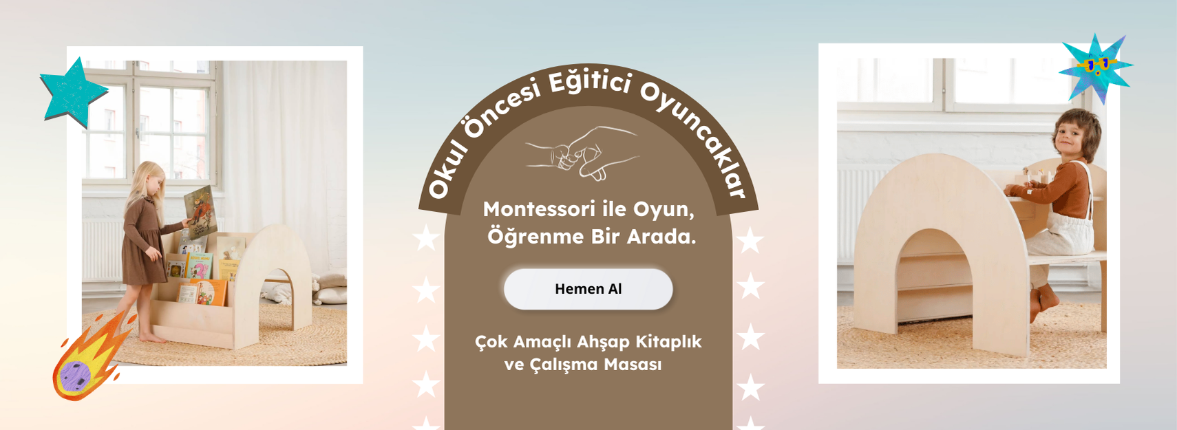 Reyo Montessori Çok Amaçlı Ahşap Kitaplık ve Çalışma Masası 110cm