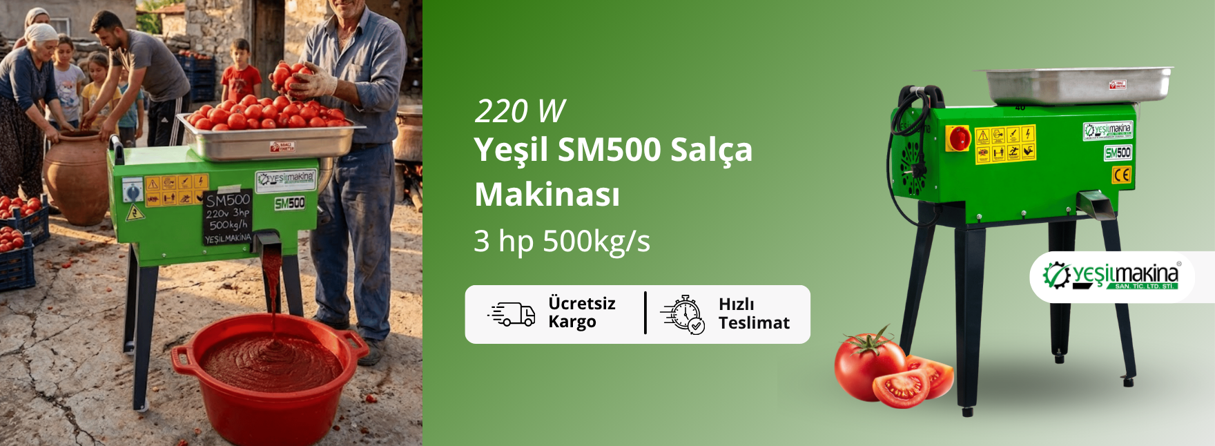 Yeşil SM500 220w 3 hp 500kg/s Salça Makinası