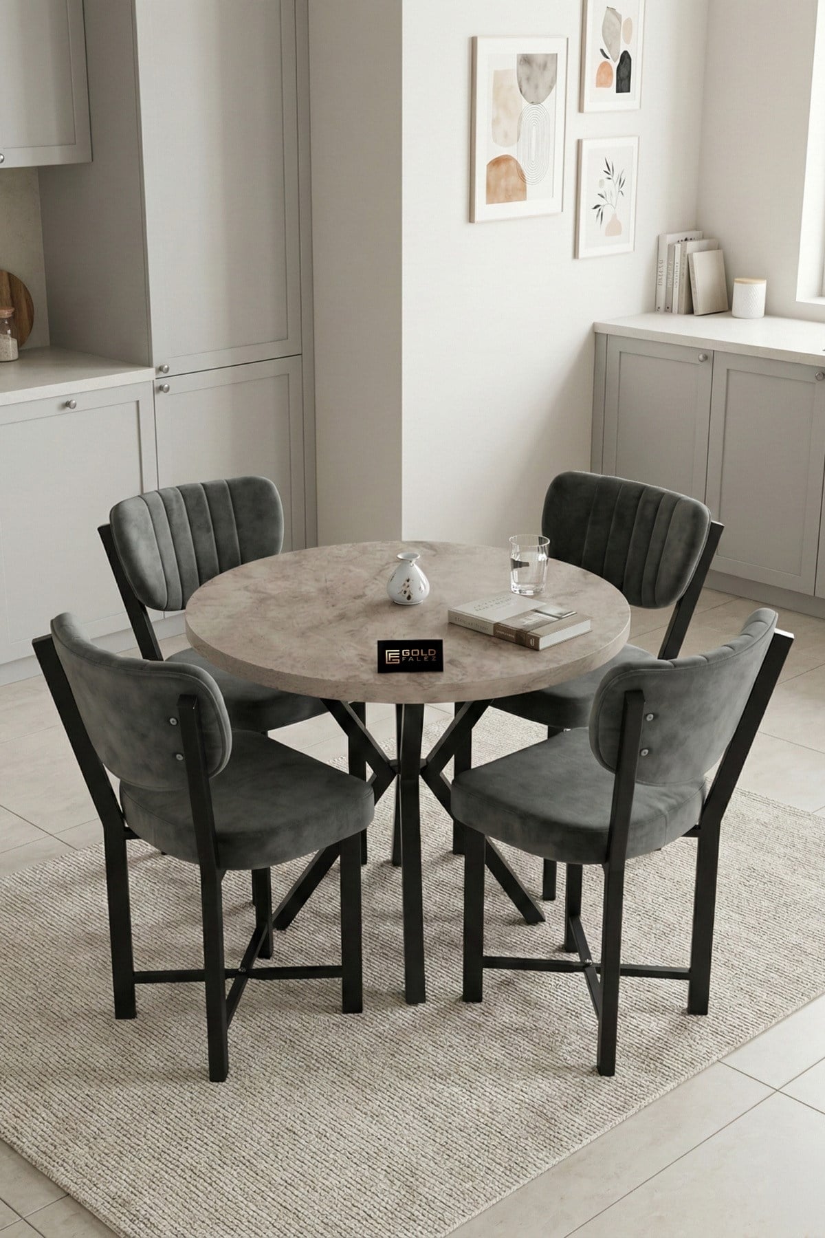 Reyo Falez Elma 90 cm 4 Sandalyeli Yuvarlak Masa Takımı Modern Mutfak Balkon Kafe Yemek Masası Seti - Traverten Antrasit 9867