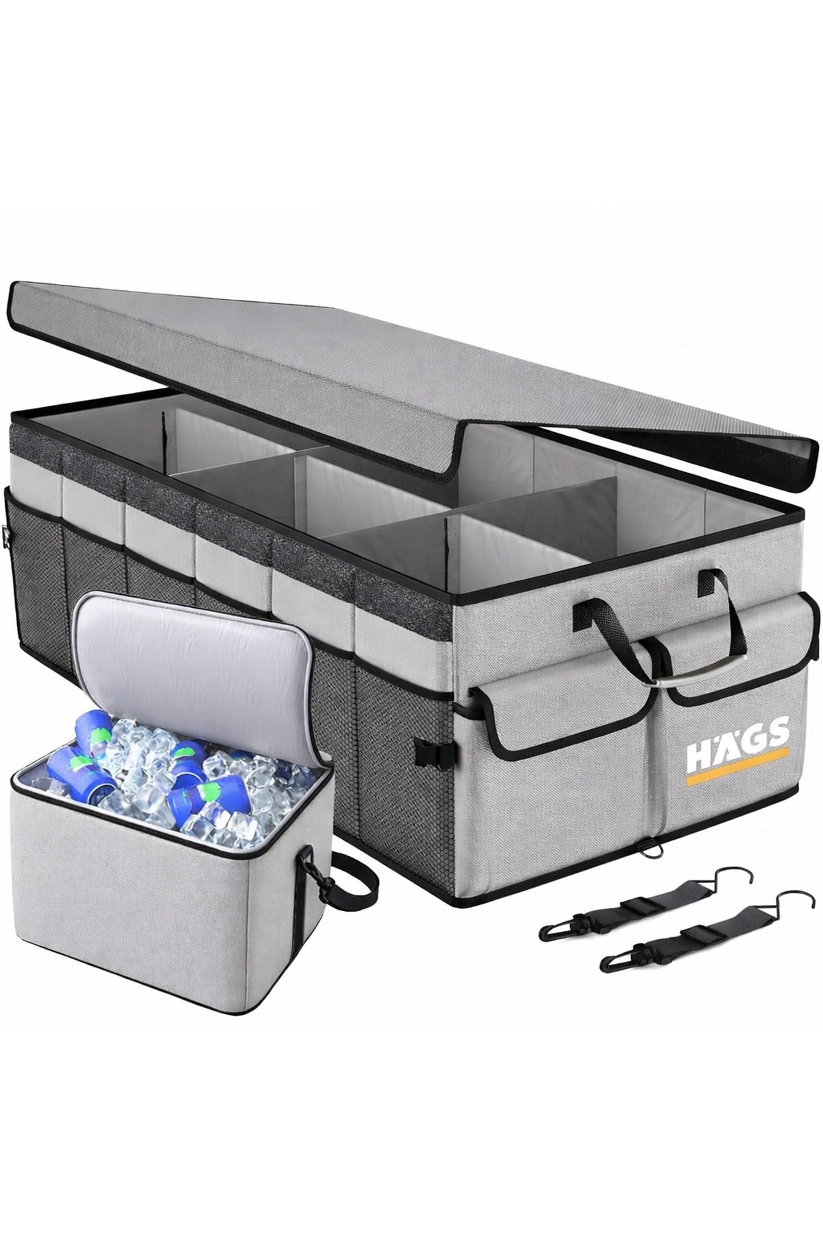Haegs Araç Bagaj Düzenleyici, Soğutucu Çantalı Bagaj Organizer Sağlam Katlanabilir, Otomobil ve SUV`lar için, Cepli, 3 Ana Bölmeli, 100L /  90x40x28 cm - Gri