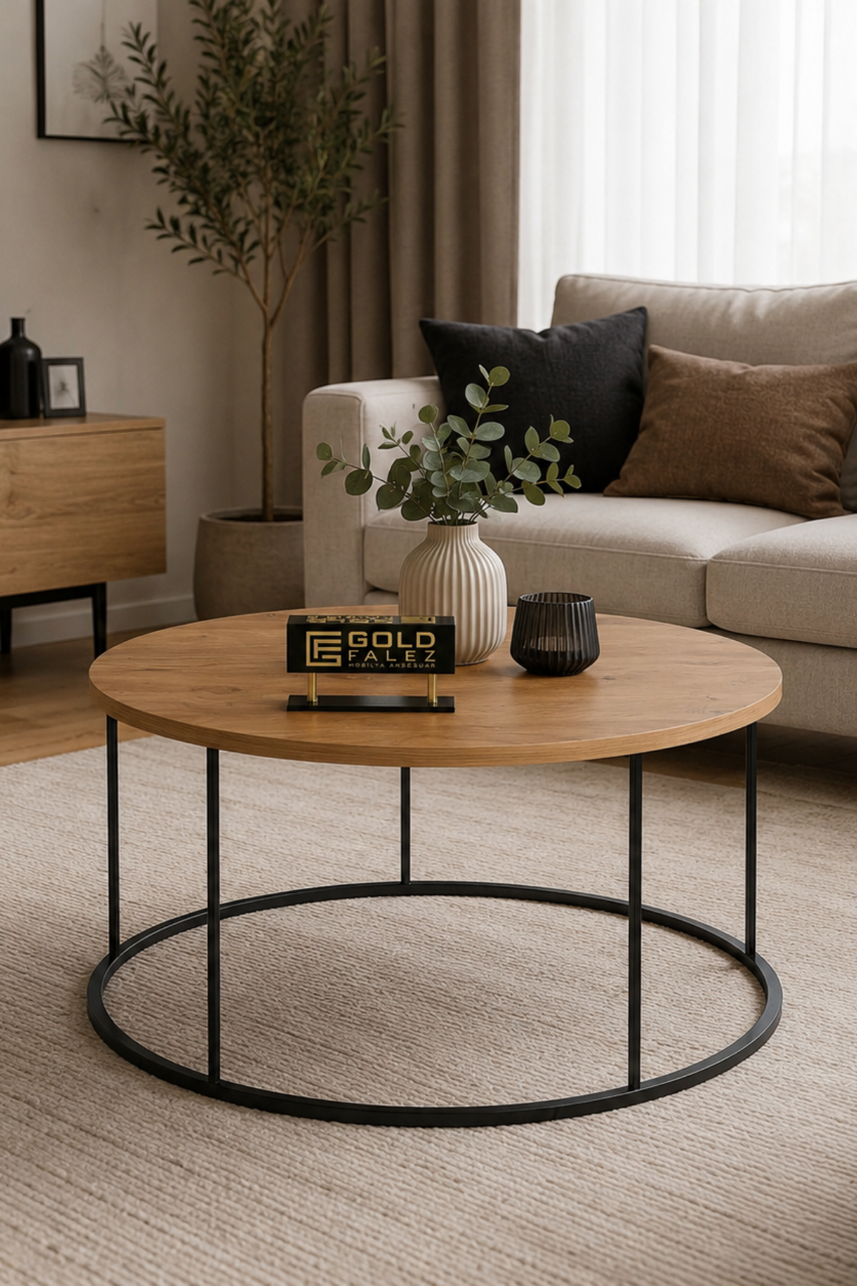 Reyo Falez Terra Lüx Ceviz Yuvarlak Orta Sehpa – Modern Metal Ayaklı Salon ve Oturma Odası Sehpası 70 cm