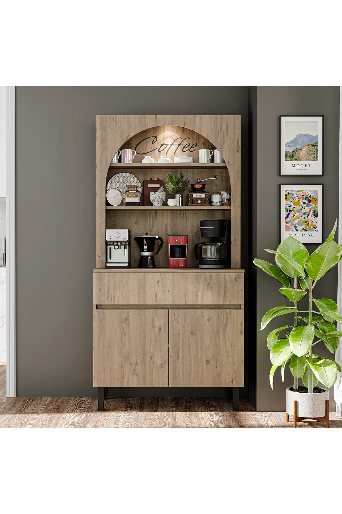 RoomArt Venedik Kahve Köşesi, Çok Amaçlı Dolap, 2 Kapaklı 1 Çekmeceli Kiler Dolabı, Mutfak Dolabı Atlantik Çam