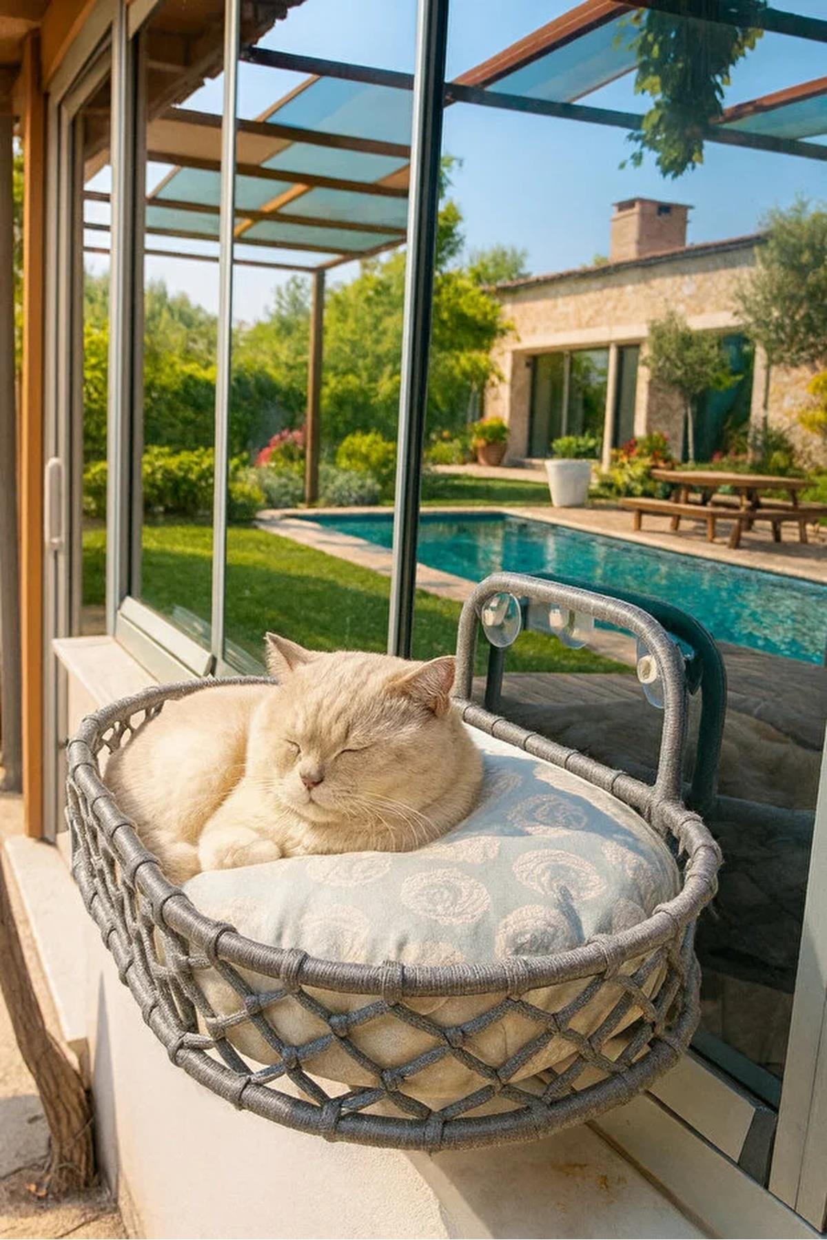 Tasaryum Kedi ve Köpek El Örgüsü Vantuzlu Cam Yatağı Hamak Gri