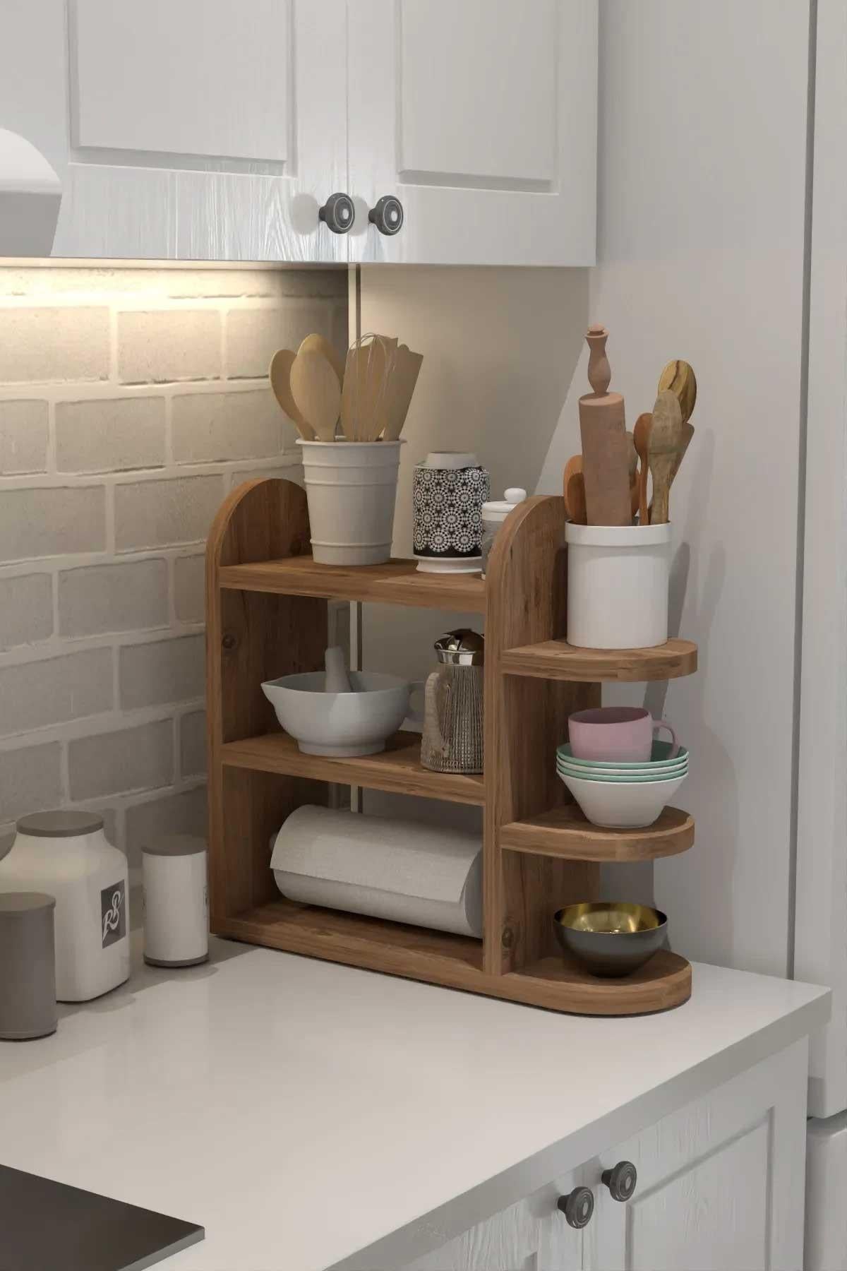 Reyo Home Modern Peçetelikli Baharatlık Mutfak Rafı Atlantik Çam