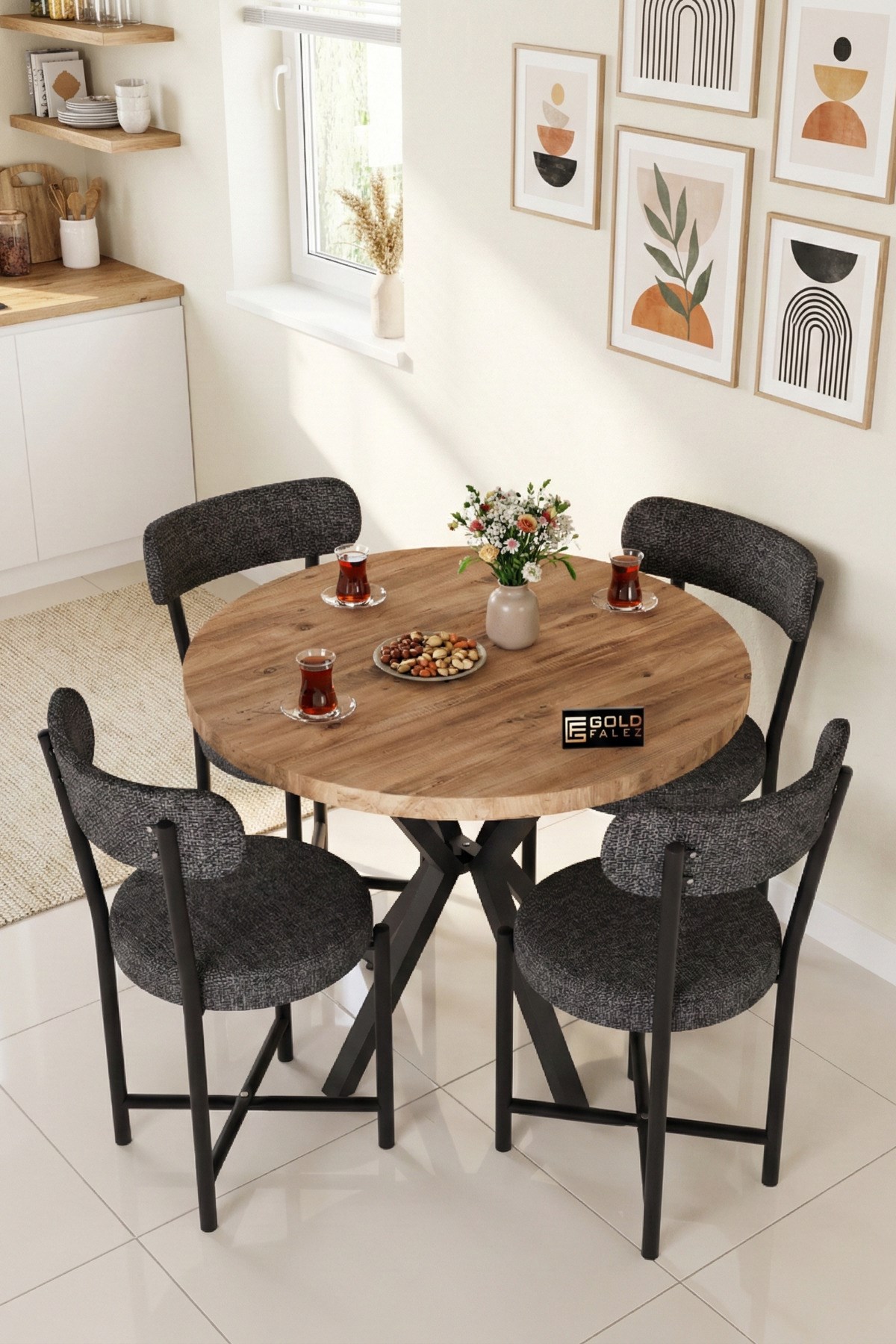 Reyo Falez Teddy 90 cm Yuvarlak Masa Takımı 4 Sandalyeli Modern Mutfak Balkon Kafe Yemek Masası Seti Antrasit 9861