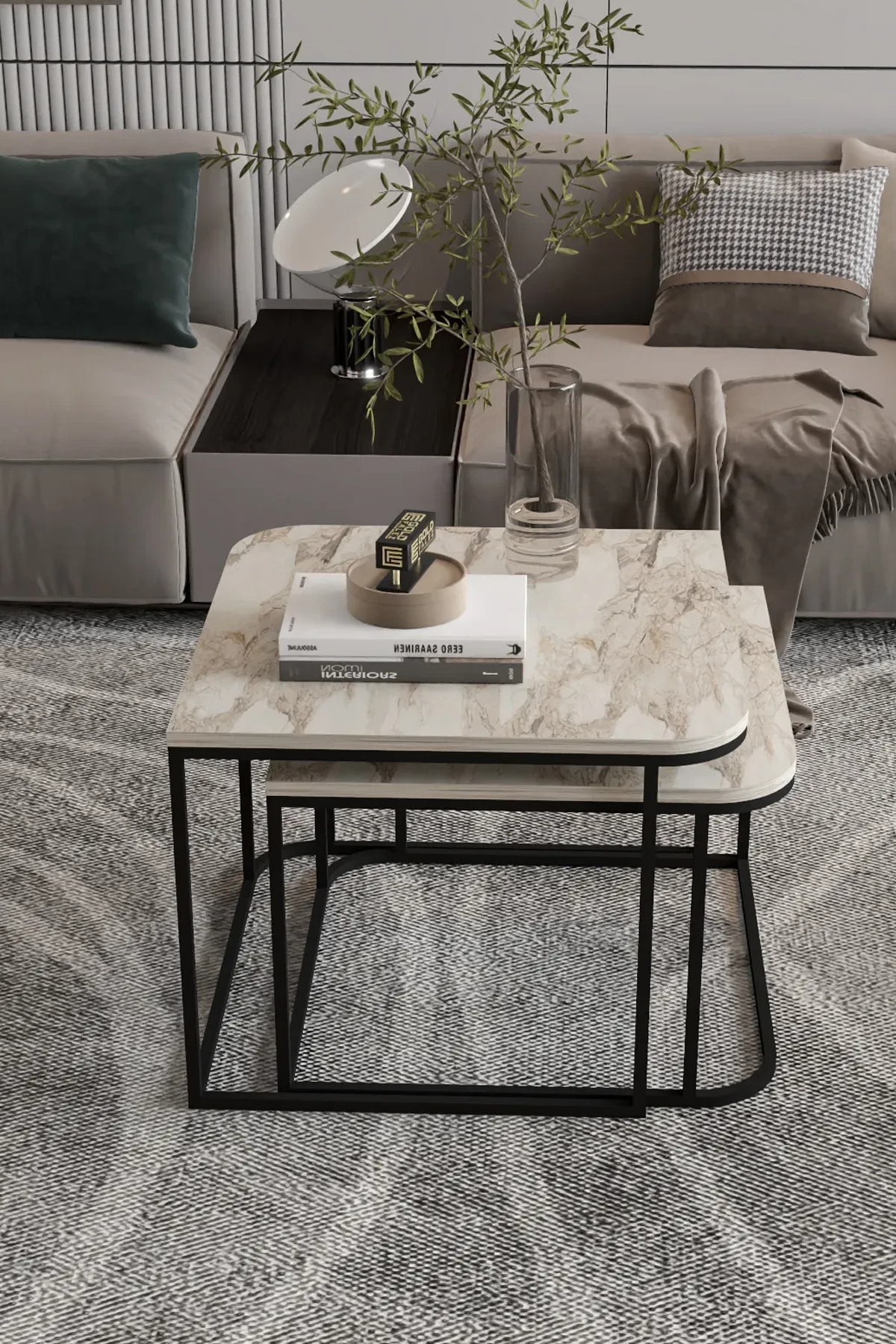 Reyo Falez İkili Orta Sehpa Krem Mermer Desenli