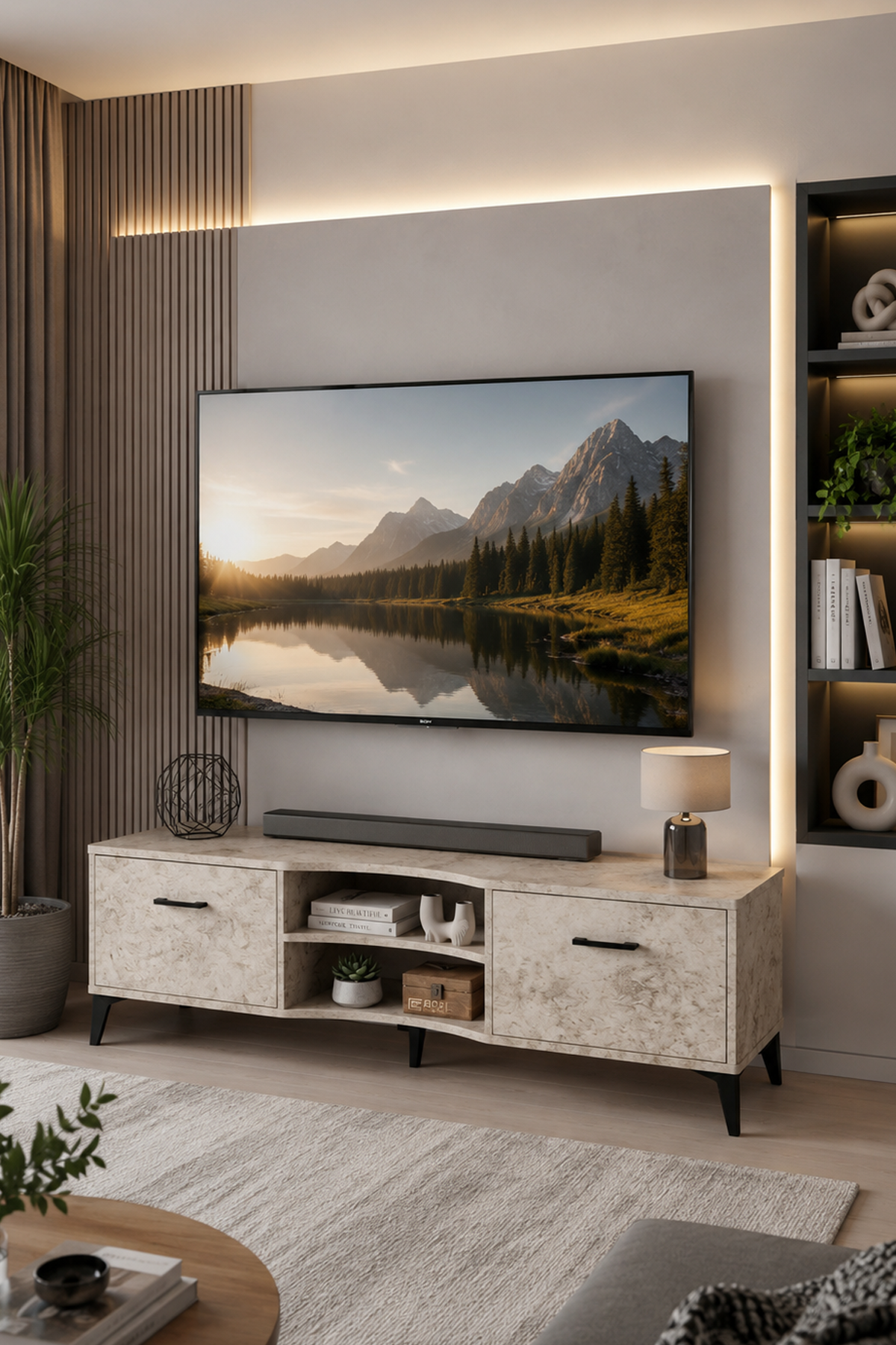 Reyo Falez Vera Tv Sehpası 160x35x50 cm Çok Amaçlı Televizyon Ünitesi Raflı Dolaplı Salon Oturma Odası 5056 Traverten