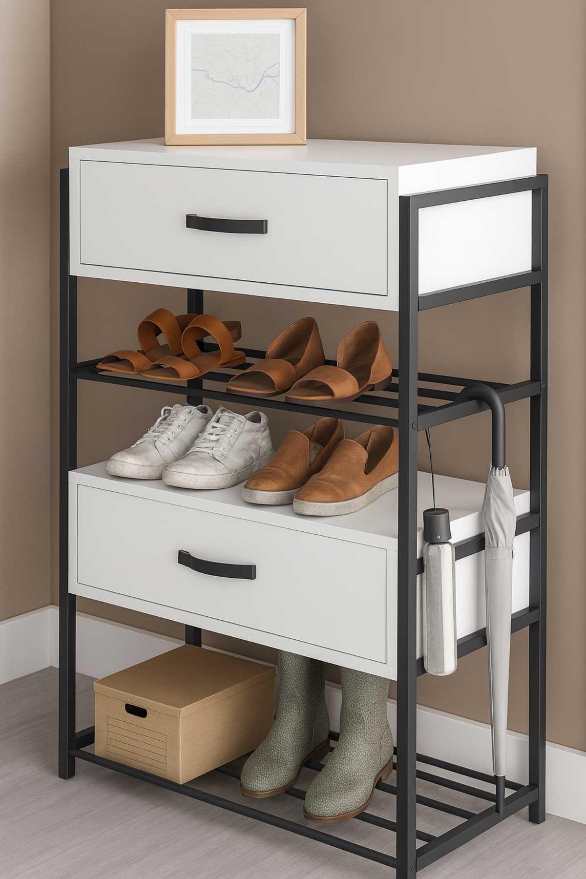 Reyo Falez Ayakkabılık Ahşap 2 Kapaklı Metal Raflı 4 Katlı Çok Amaçlı Raf Dolap Beyaz