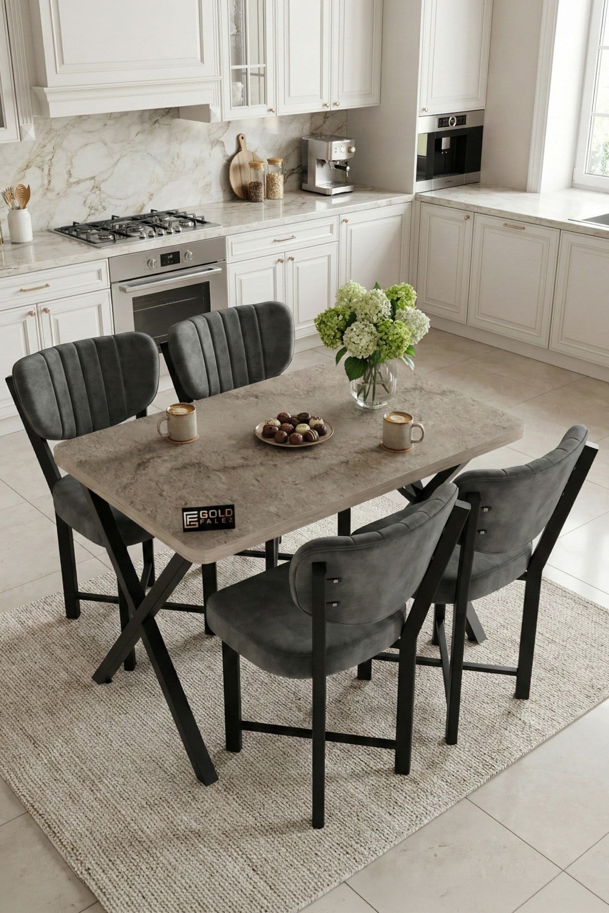 Reyo Falez Elma 110x70 cm Masa Takımı 4 Sandalyeli Modern Mutfak Balkon Kafe Yemek Masası Seti Traverten - Antrasit 9887