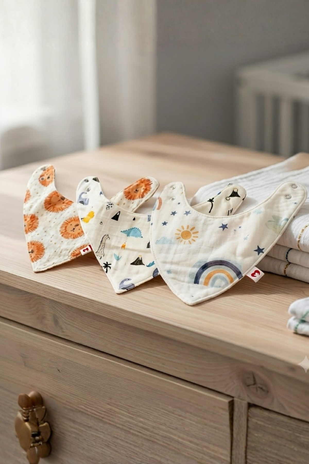 Reyo Beberotti 3'lü Müslin Bebek Önlük Fular Seti - Aslan, Dinozor ve Güneş, %100 Pamuk Müslin Kumaş, Emici, Nefes Alabilen, Ayarlanabilir Çıtçıtlı Bebek Önlüğü