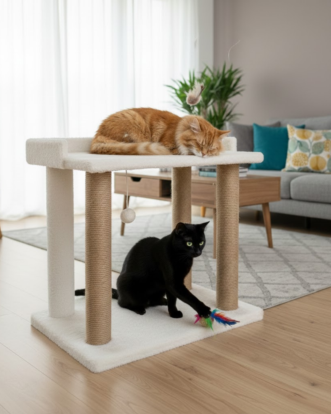 Reyo Pet Teraslı Yataklı Ponponlu Kedi Tırmalaması Beyaz