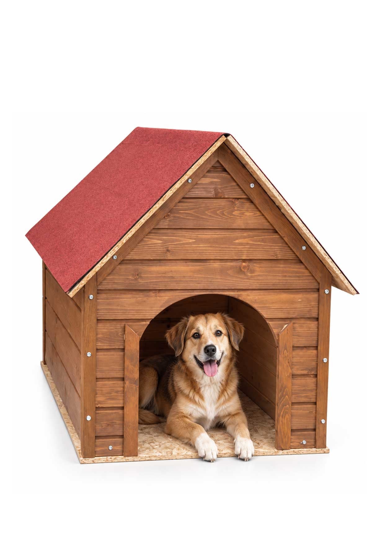 Reyo Pet Suya Soğuğa Dayanıklı Lüks Büyük Boy Ahşap Köpek Kulubesi Sokak Köpek Evi Kırmızı Çatılı 100x100x78 cm Ceviz